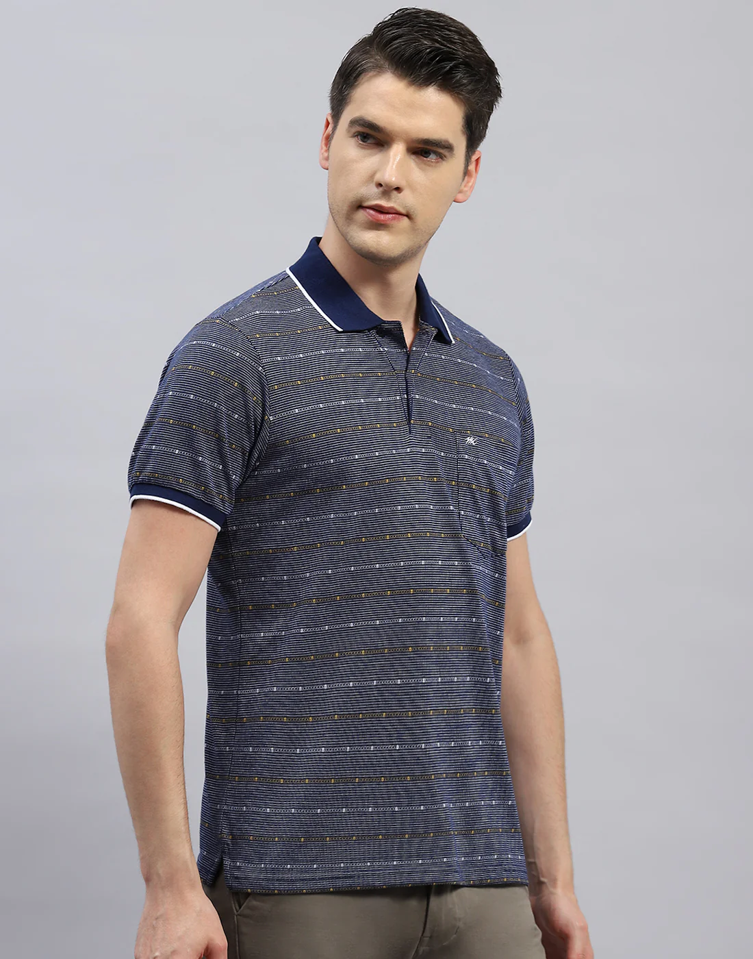 Men Navy Blue Stripe Polo Collar Half Sleeve T-Shirt - Image 4
