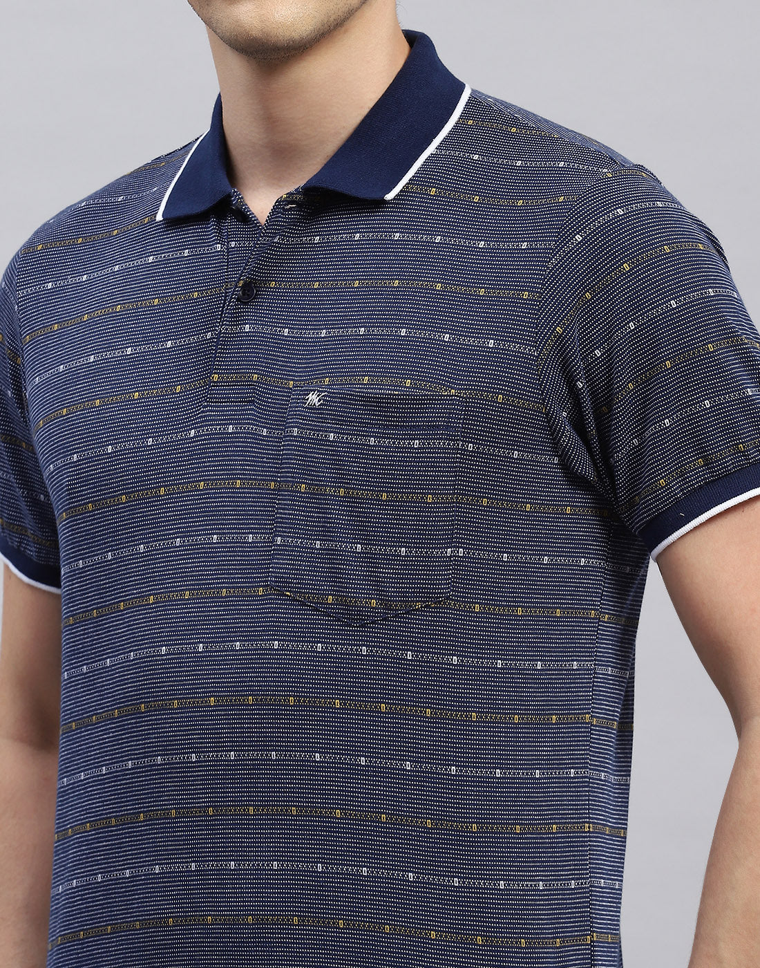 Men Navy Blue Stripe Polo Collar Half Sleeve T-Shirt - Image 6