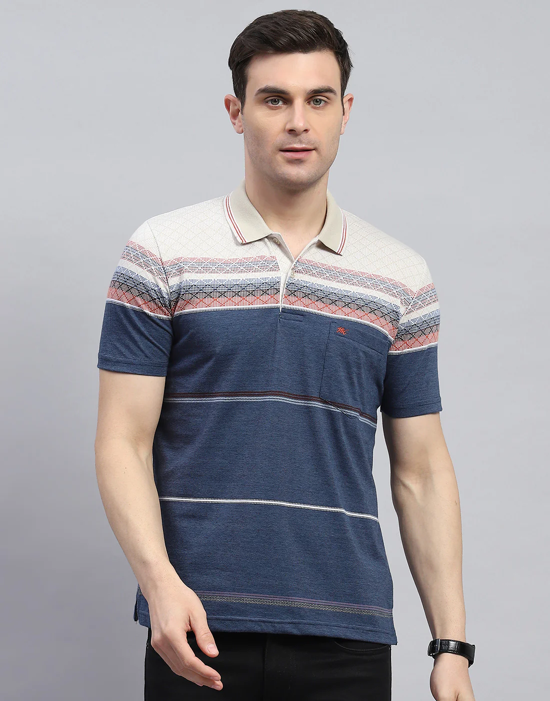 Men Navy Blue Stripe Polo Collar Half Sleeve T-Shirt