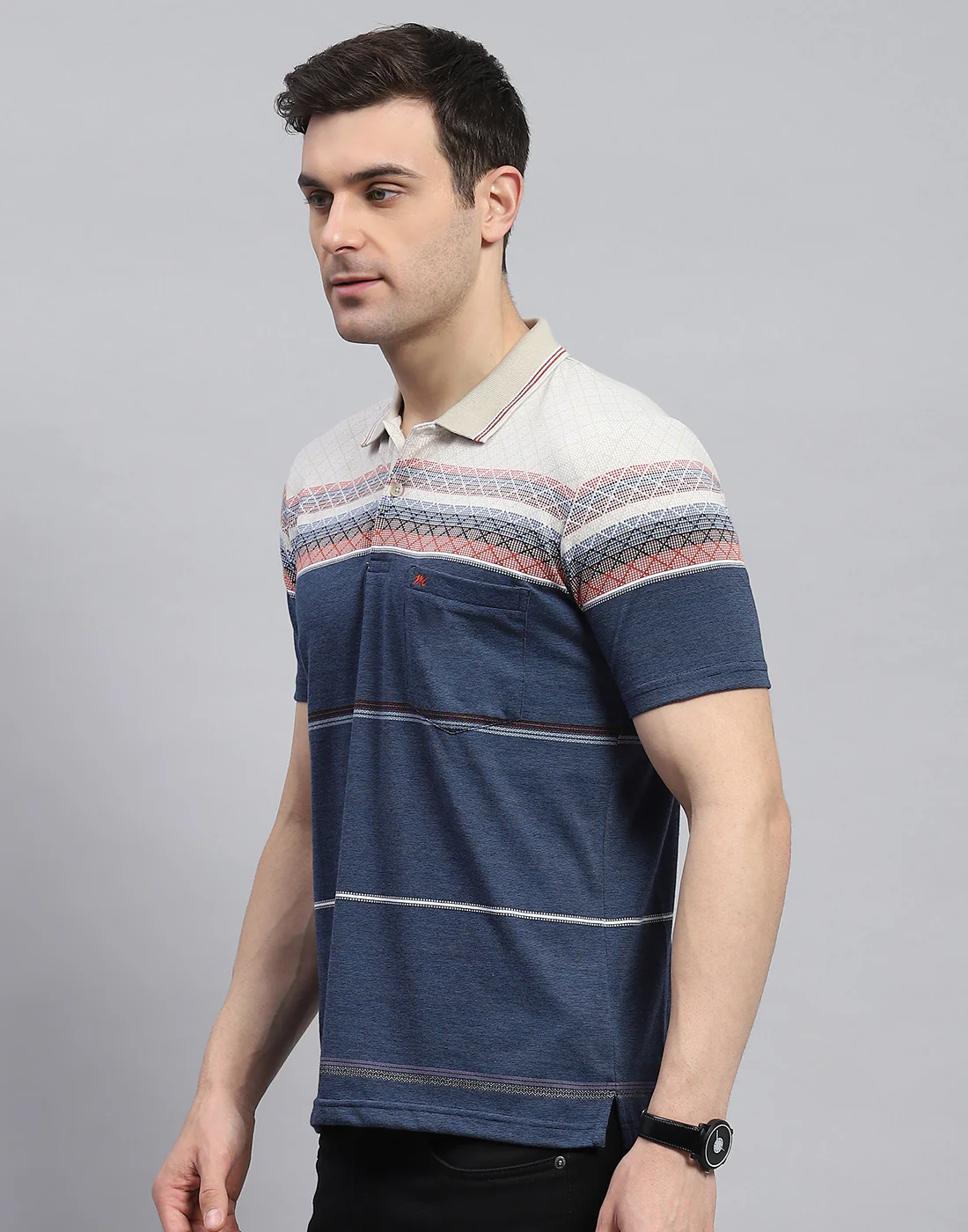 Men Navy Blue Stripe Polo Collar Half Sleeve T-Shirt - Image 3
