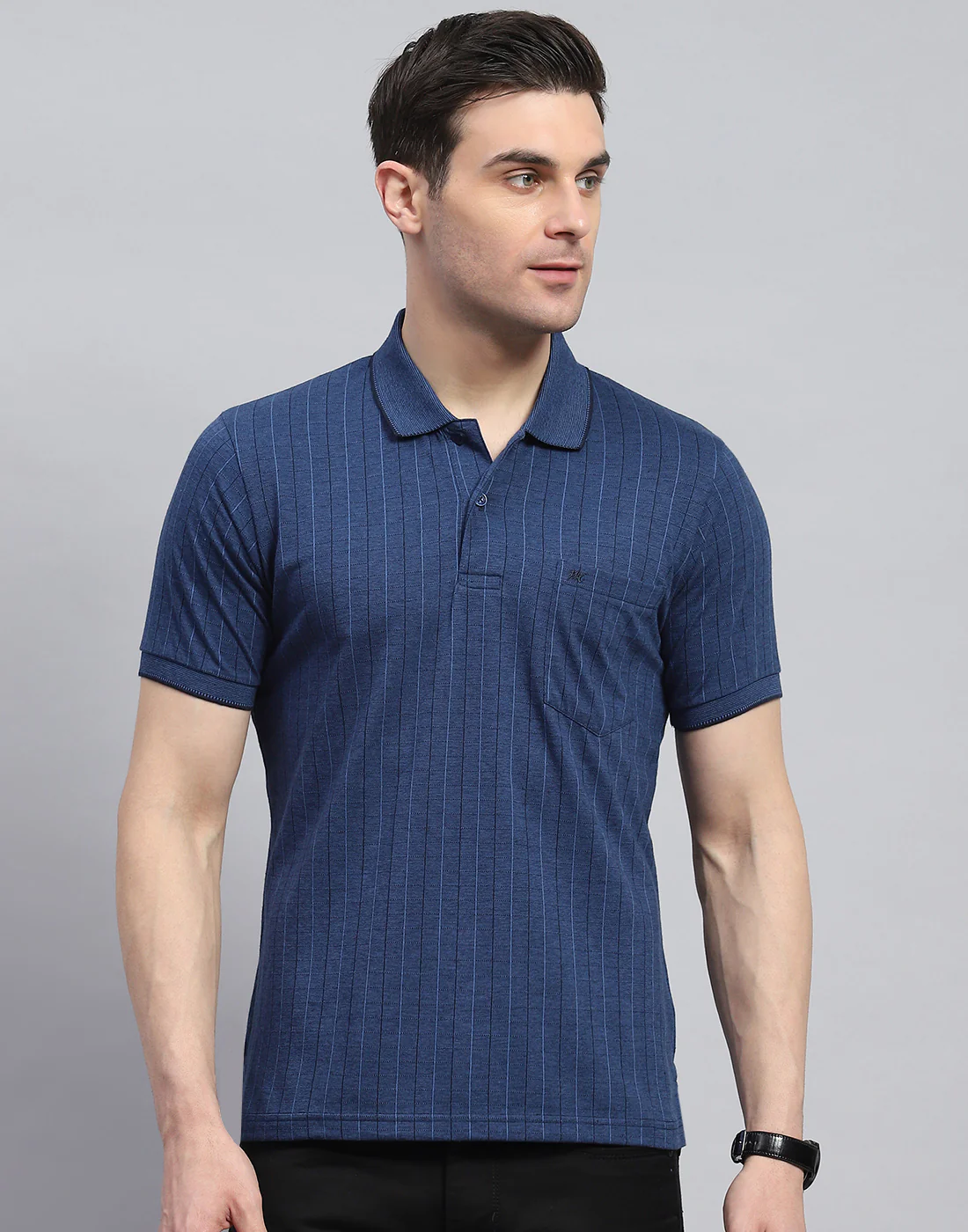 Men Navy Blue Stripe Polo Collar Half Sleeve T-Shirt - Image 2
