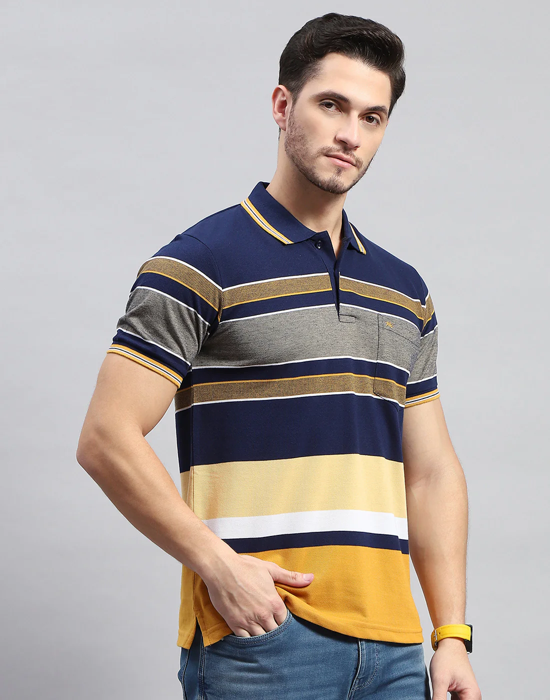 Men Navy Blue Stripe Polo Collar Half Sleeve T-Shirt - Image 5