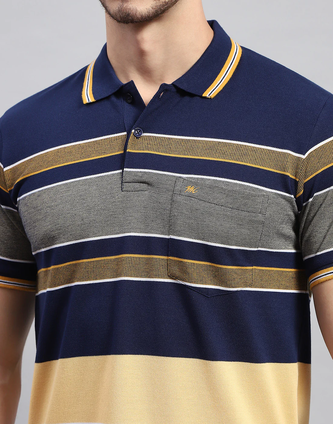 Men Navy Blue Stripe Polo Collar Half Sleeve T-Shirt - Image 7