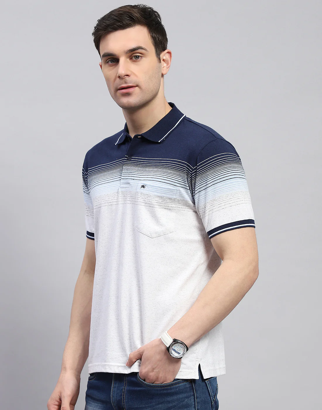 Men Navy Blue Stripe Polo Collar Half Sleeve T-Shirt - Image 4