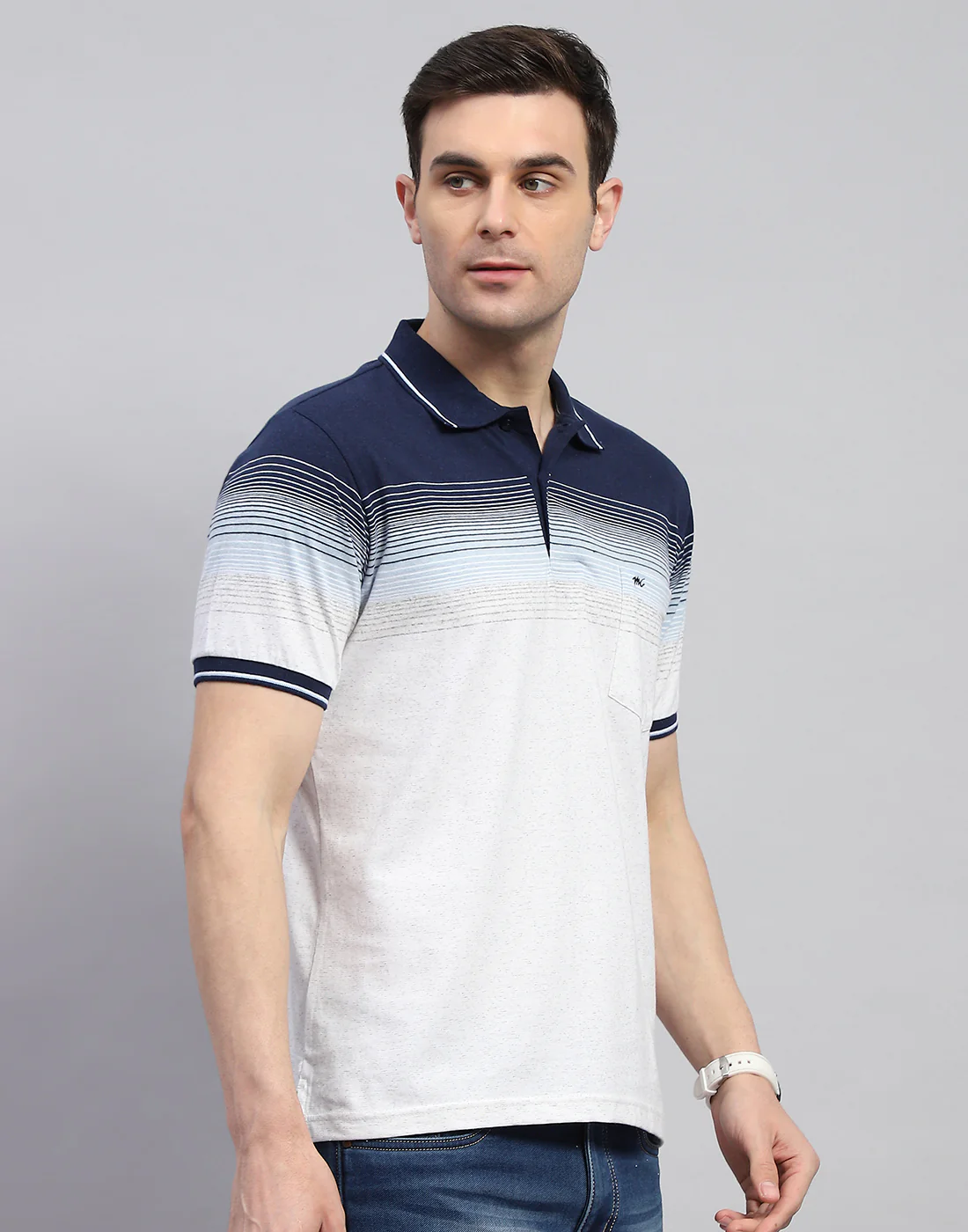 Men Navy Blue Stripe Polo Collar Half Sleeve T-Shirt - Image 5