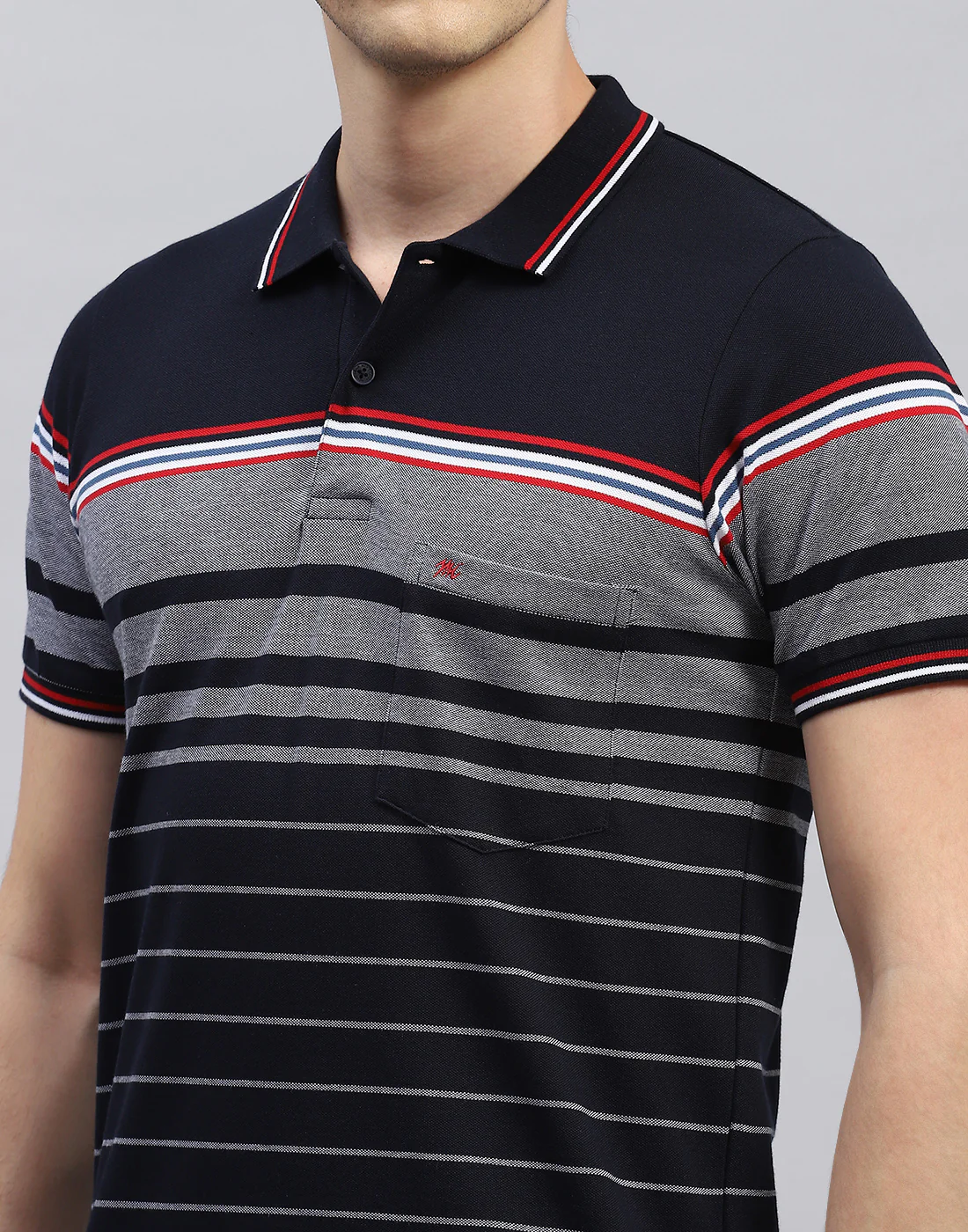 Men Navy Blue Stripe Polo Collar Half Sleeve T-Shirt - Image 6
