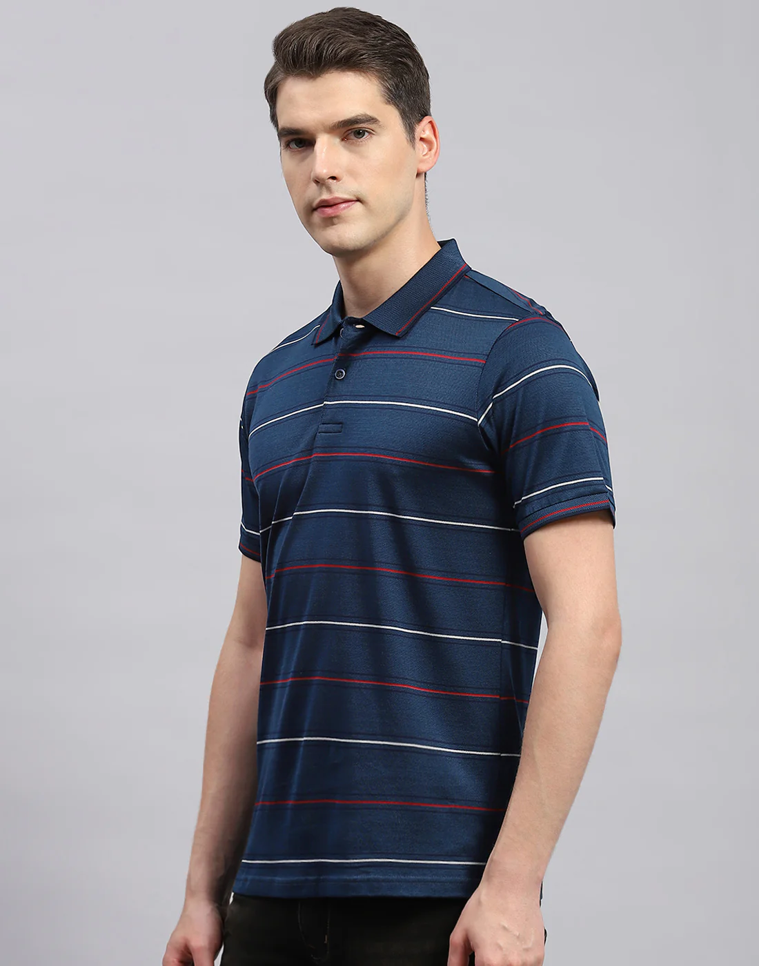 Men Navy Blue Stripe Polo Collar Half Sleeve T-Shirt - Image 3