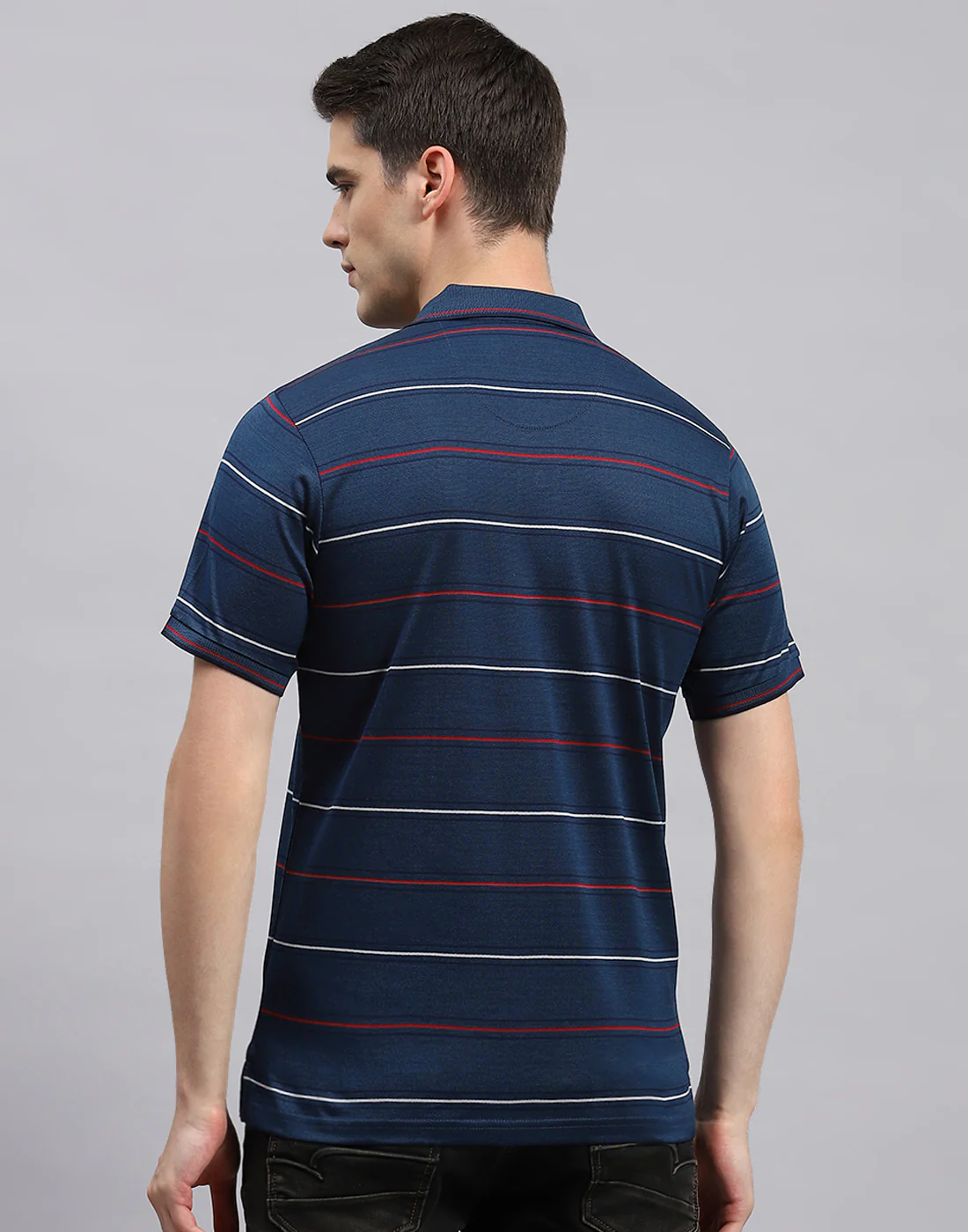 Men Navy Blue Stripe Polo Collar Half Sleeve T-Shirt - Image 5