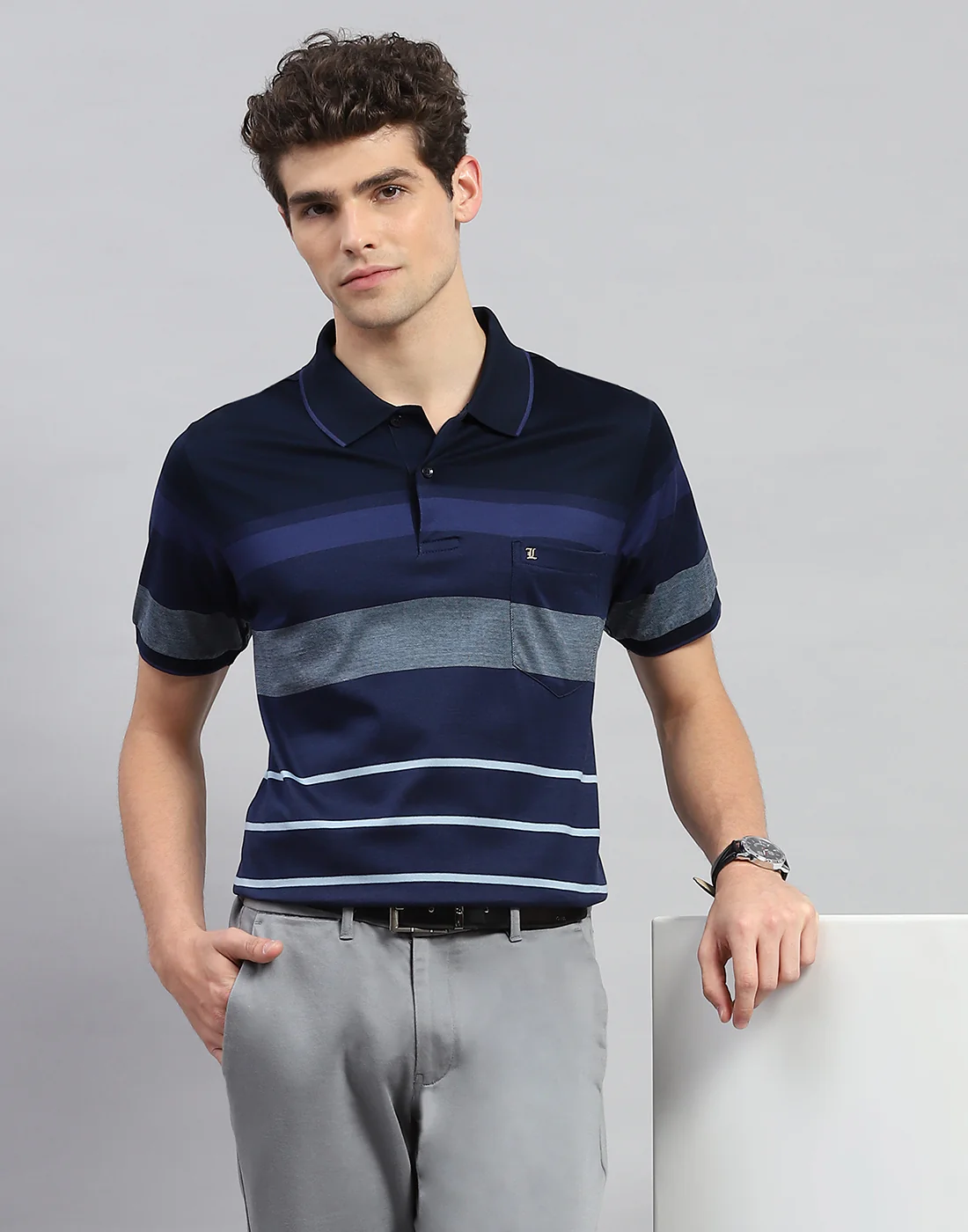Men Navy Blue Stripe Polo Collar Half Sleeve T-Shirt - Image 2
