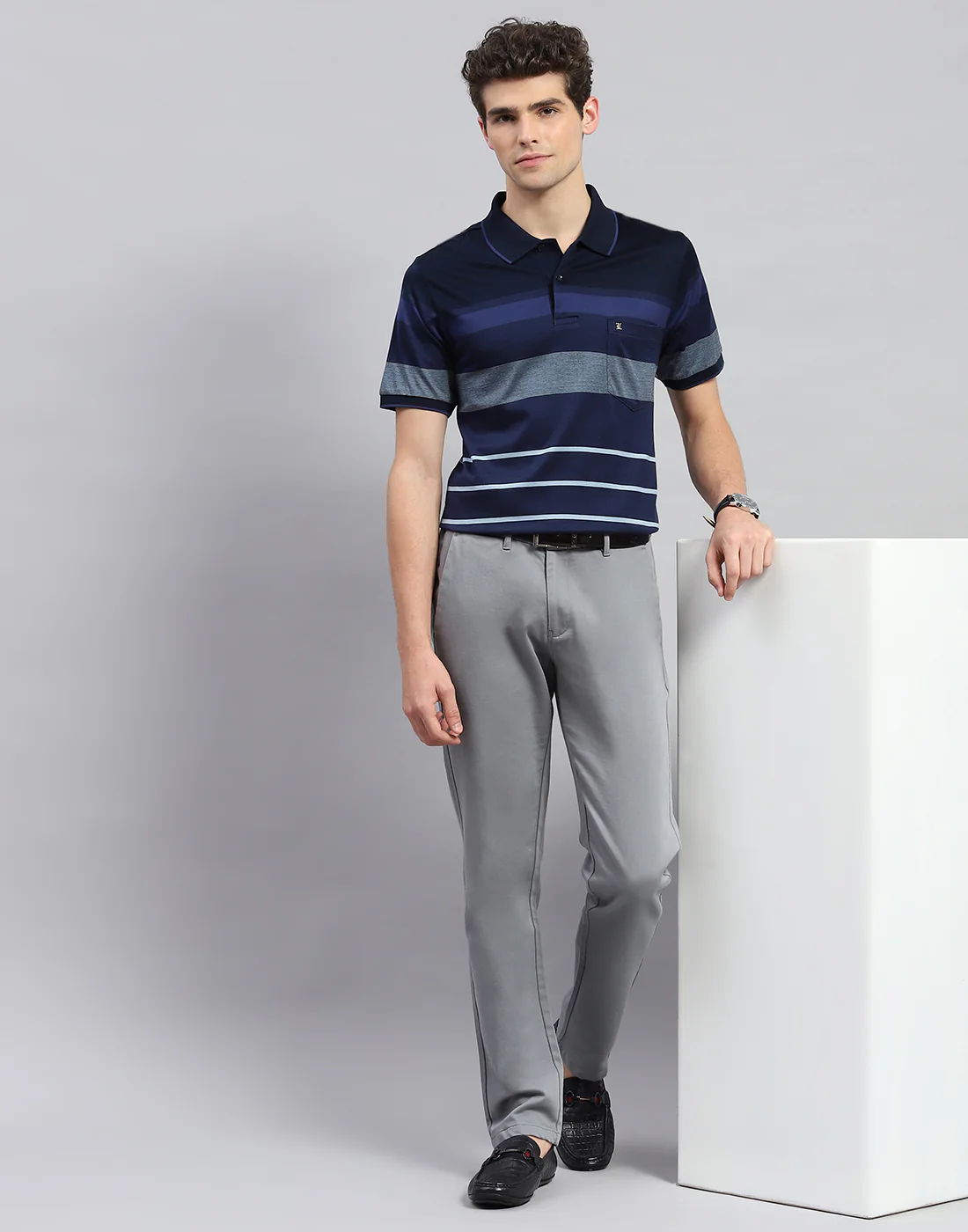 Men Navy Blue Stripe Polo Collar Half Sleeve T-Shirt - Image 3
