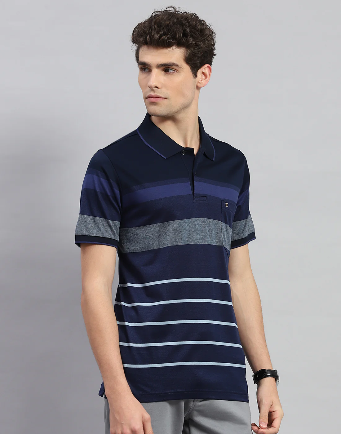 Men Navy Blue Stripe Polo Collar Half Sleeve T-Shirt - Image 5