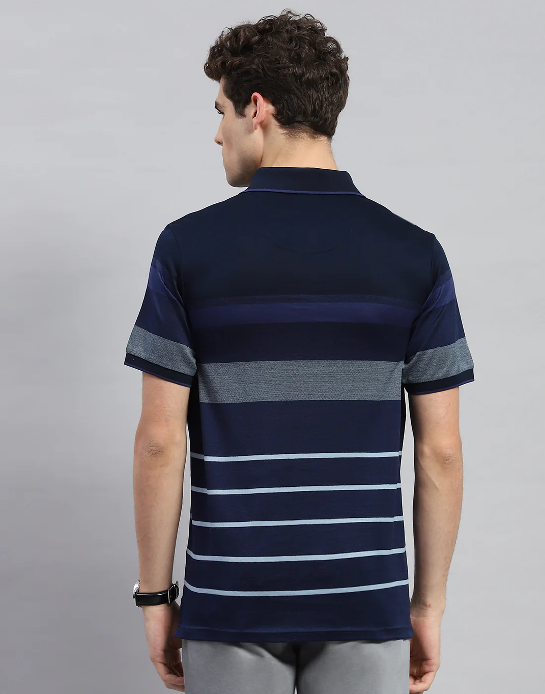 Men Navy Blue Stripe Polo Collar Half Sleeve T-Shirt - Image 6