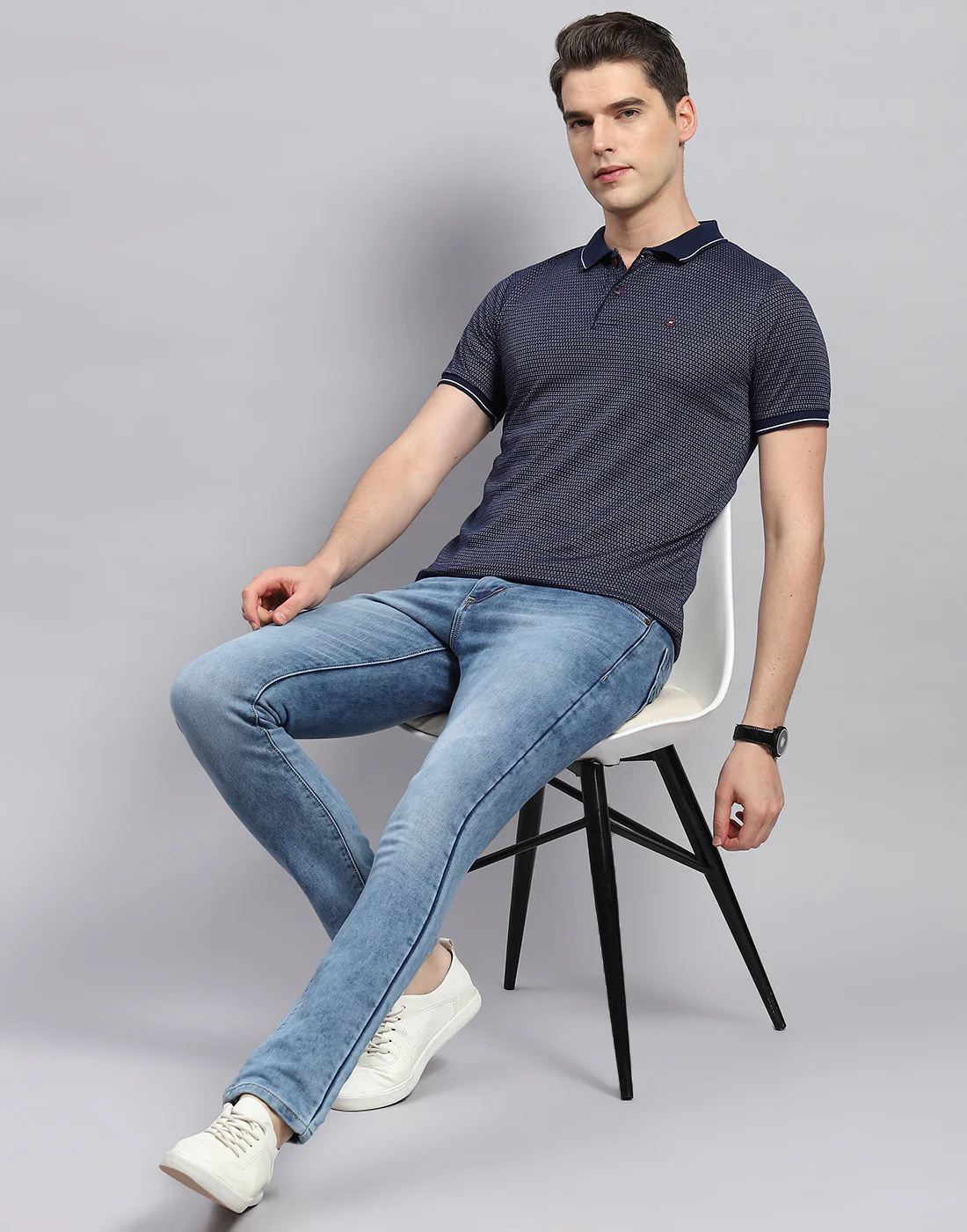 Men Navy Blue Stripe Polo Collar Half Sleeve T-Shirt - Image 2