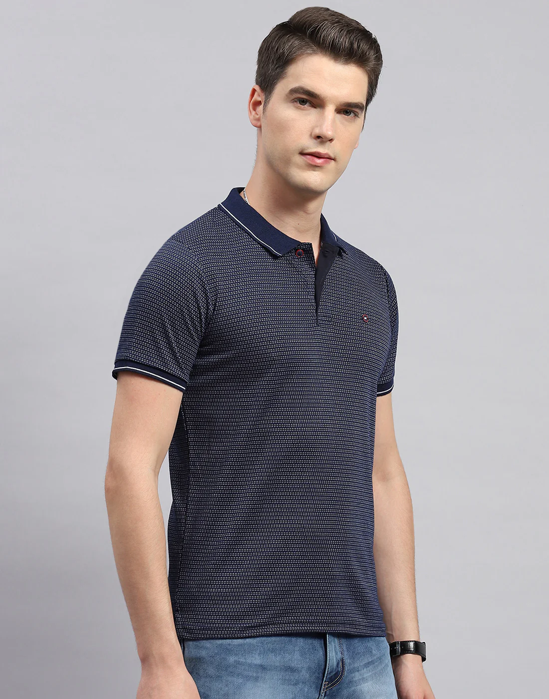 Men Navy Blue Stripe Polo Collar Half Sleeve T-Shirt - Image 4