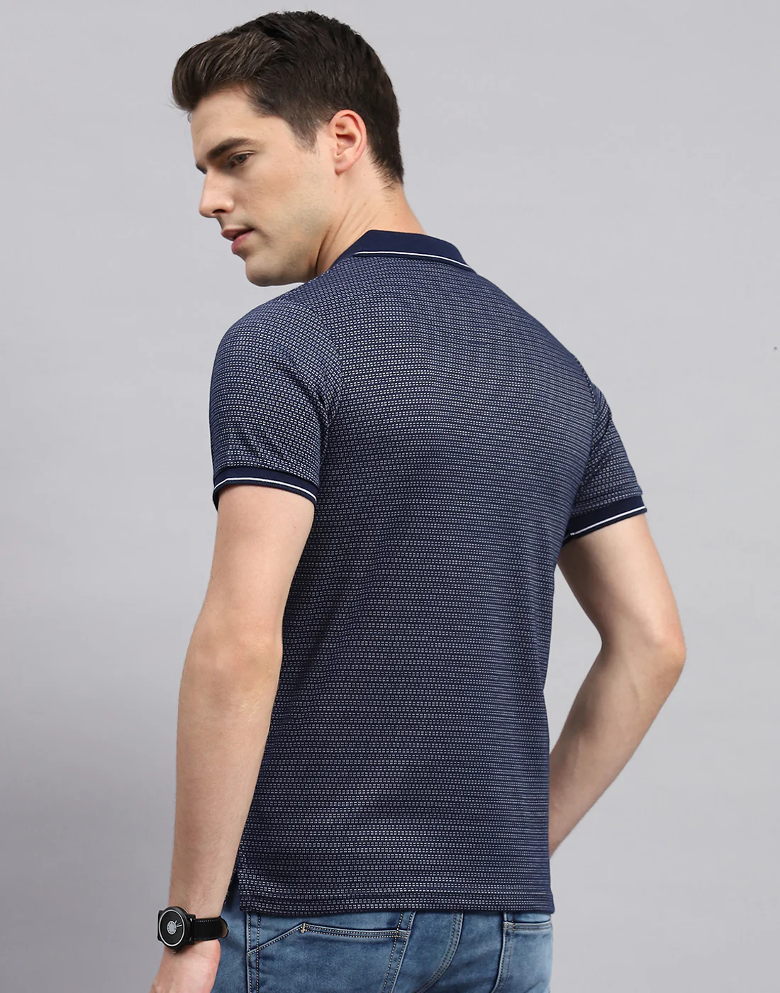 Men Navy Blue Stripe Polo Collar Half Sleeve T-Shirt - Image 5