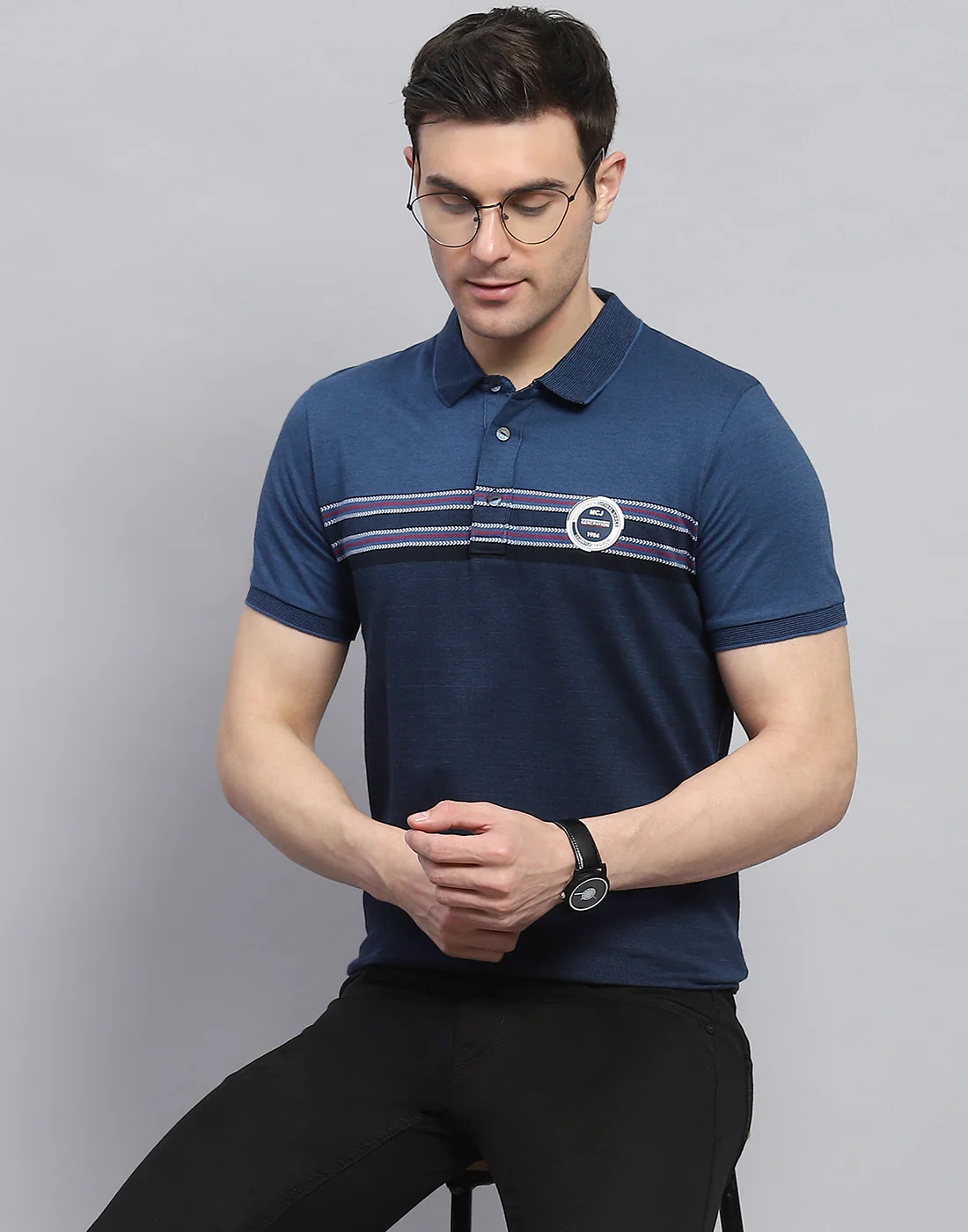 Men Navy Blue Stripe Polo Collar Half Sleeve T-Shirt - Image 2