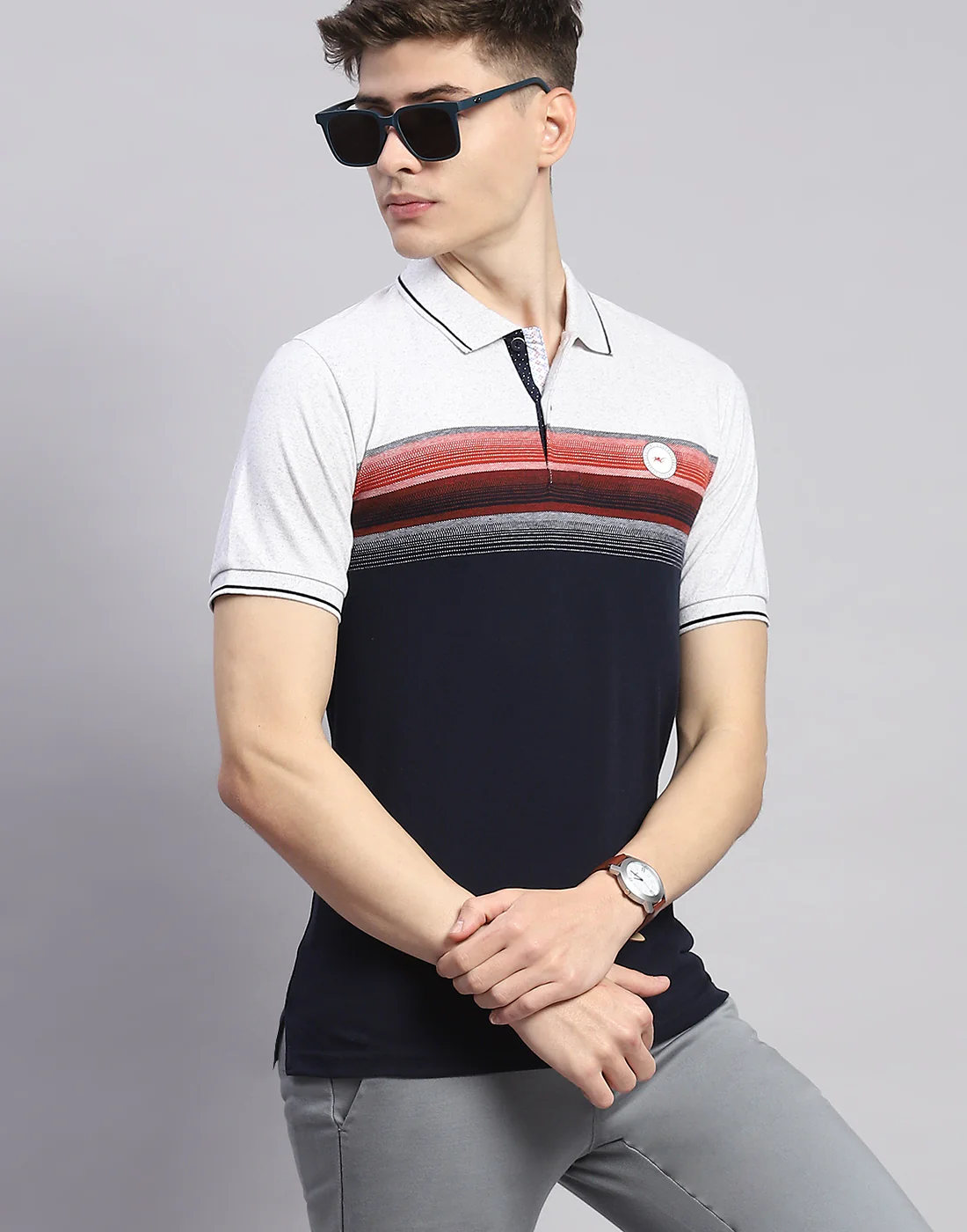 Men Navy Blue Stripe Polo Collar Half Sleeve T-Shirt - Image 2