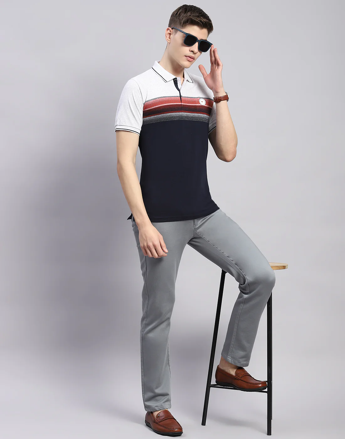 Men Navy Blue Stripe Polo Collar Half Sleeve T-Shirt - Image 3