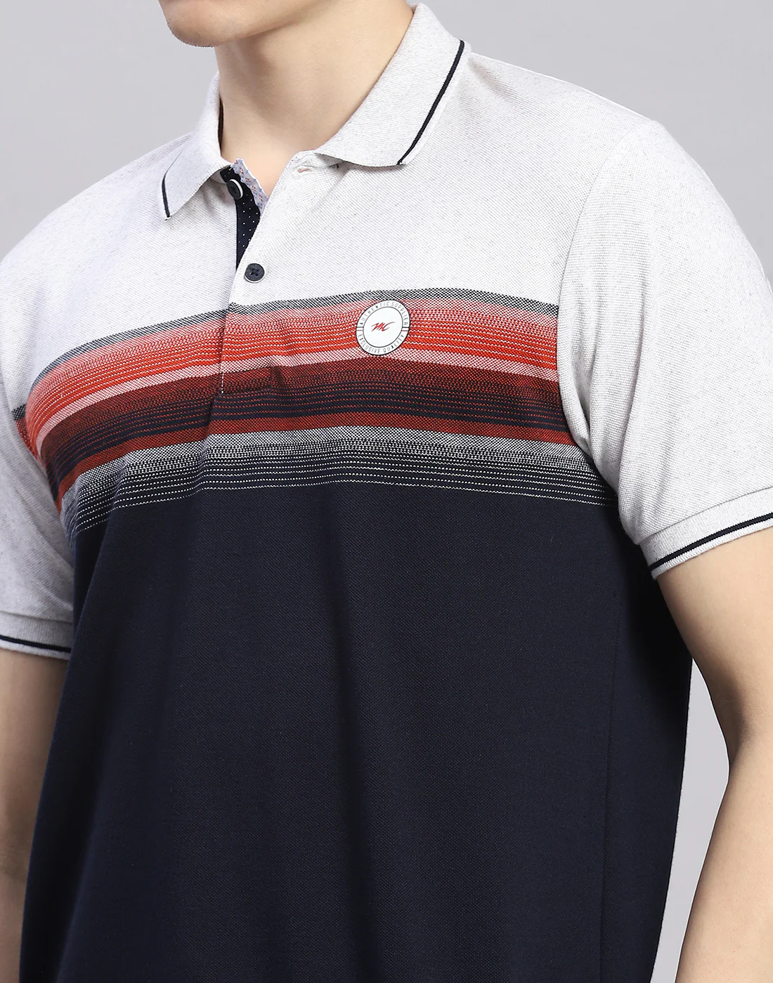 Men Navy Blue Stripe Polo Collar Half Sleeve T-Shirt - Image 7