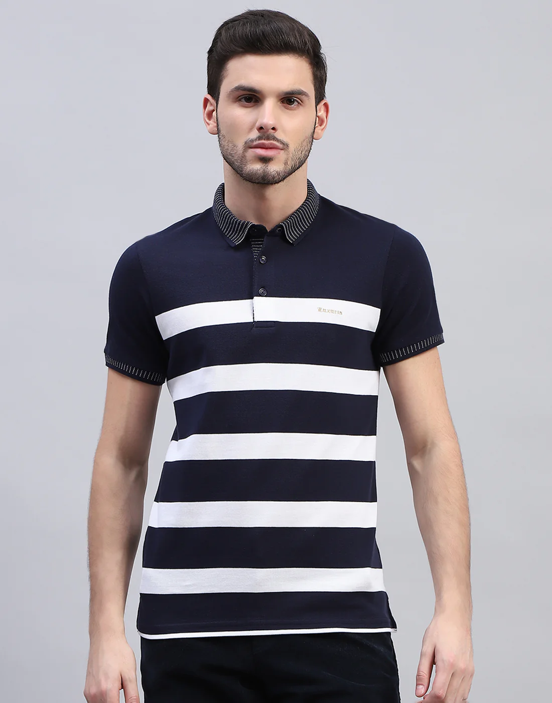 Men Navy Blue Stripe Polo Collar Half Sleeve T-Shirt - Image 3