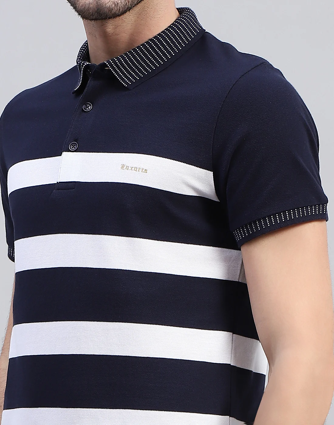 Men Navy Blue Stripe Polo Collar Half Sleeve T-Shirt - Image 6