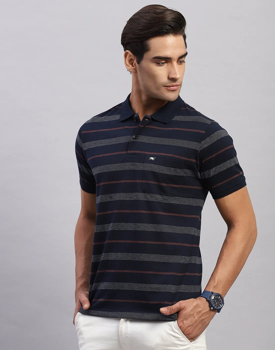 Men Navy Blue Stripe Polo Collar Half Sleeve T-Shirt - Image 3