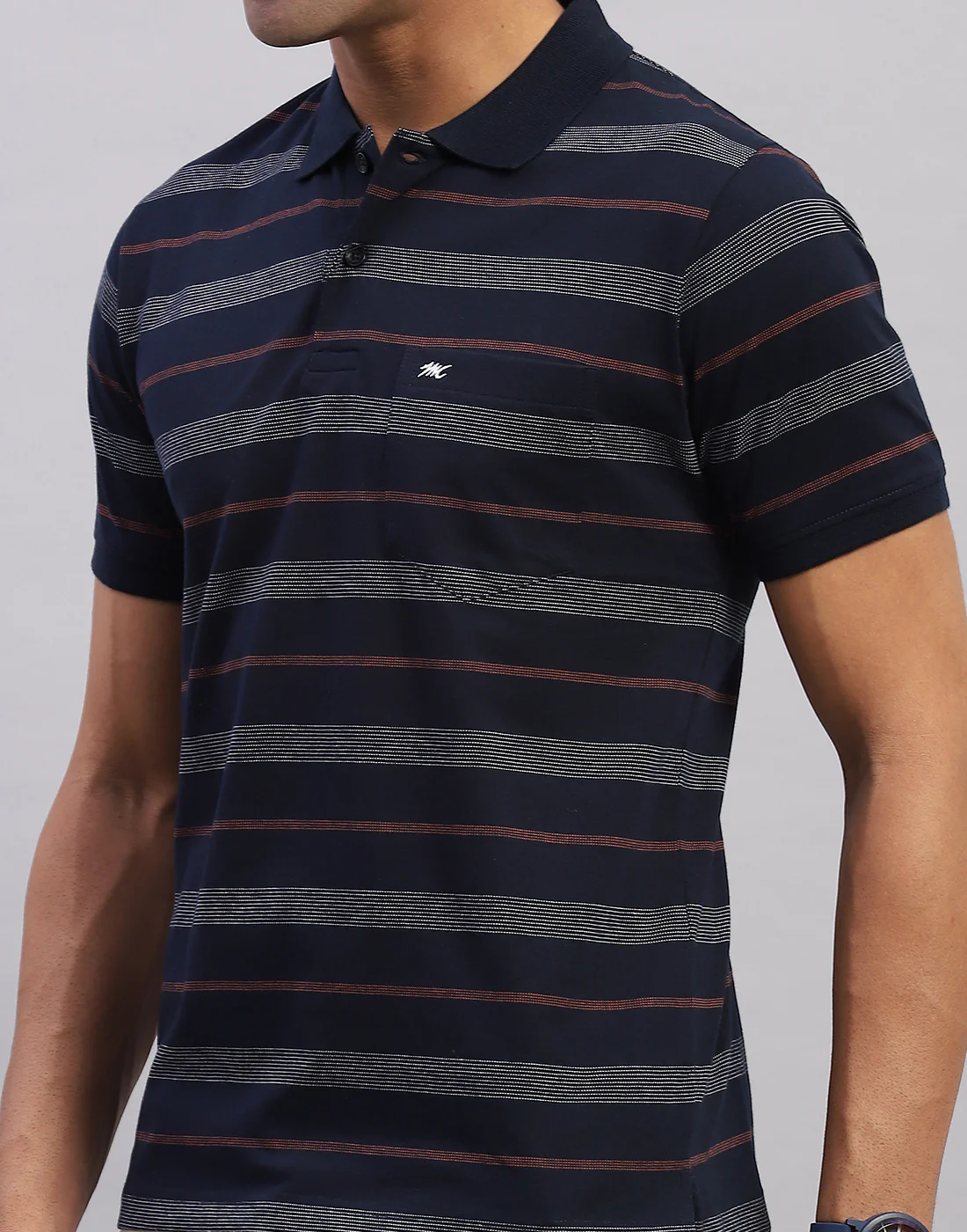 Men Navy Blue Stripe Polo Collar Half Sleeve T-Shirt - Image 6