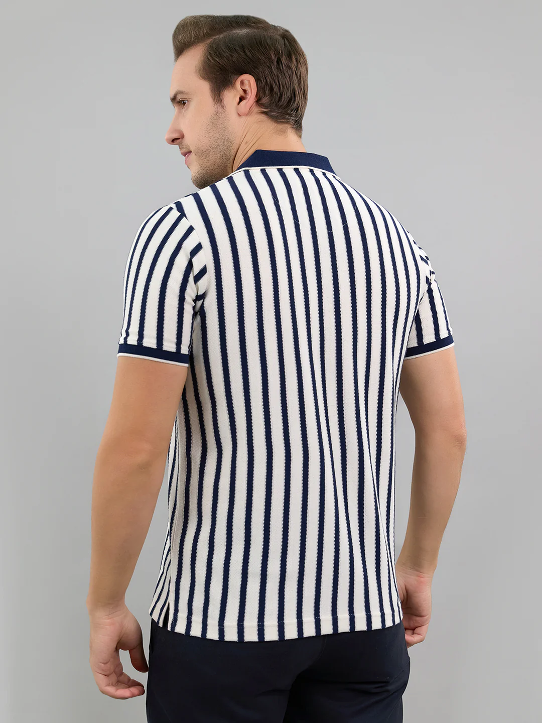Men Navy Blue Stripe Polo Collar Half Sleeve T-Shirt - Image 4