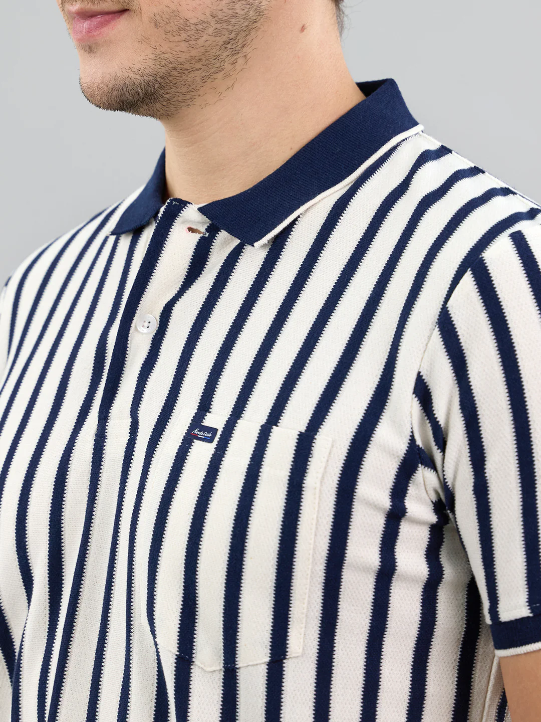 Men Navy Blue Stripe Polo Collar Half Sleeve T-Shirt - Image 5
