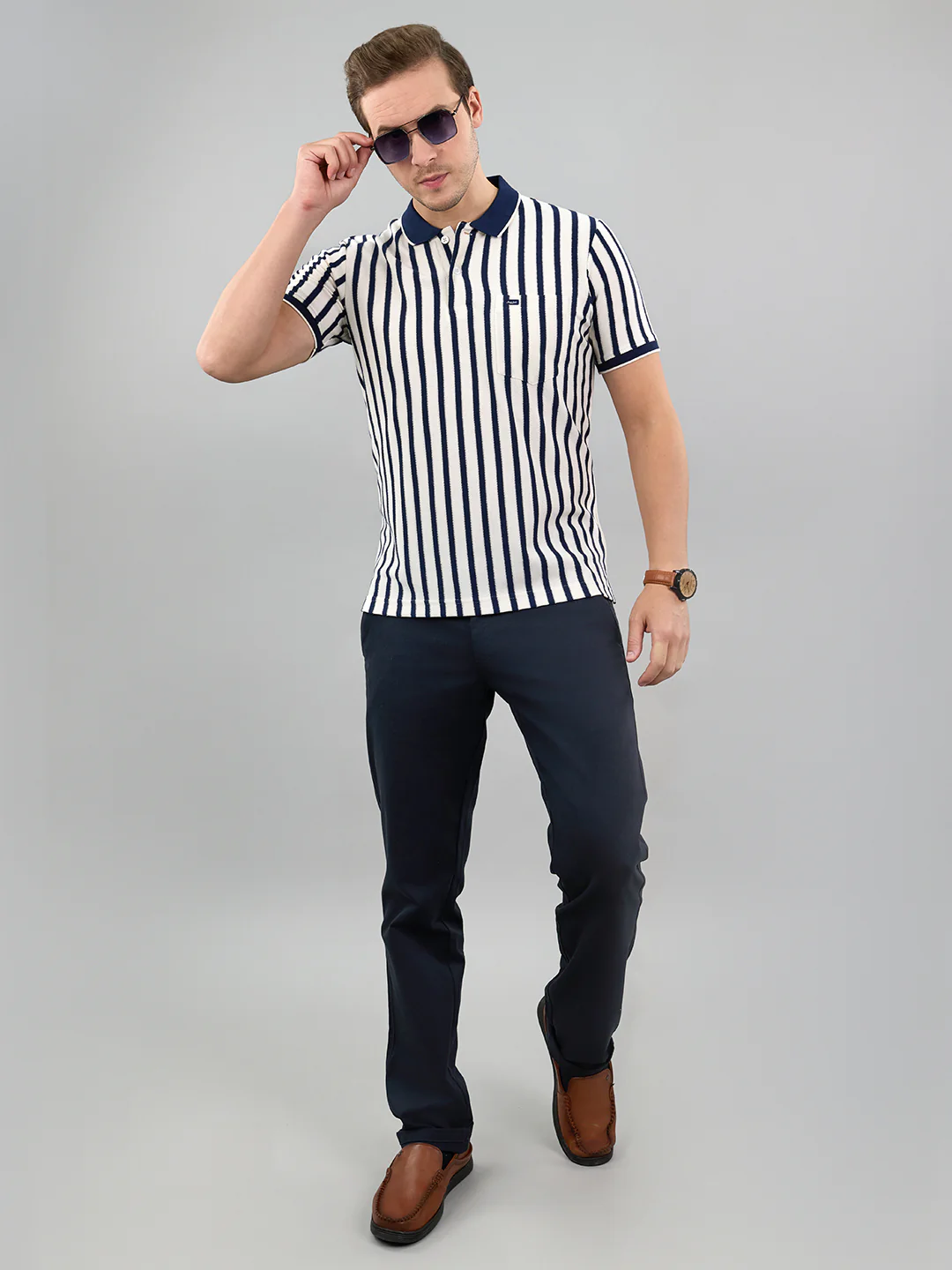 Men Navy Blue Stripe Polo Collar Half Sleeve T-Shirt - Image 6