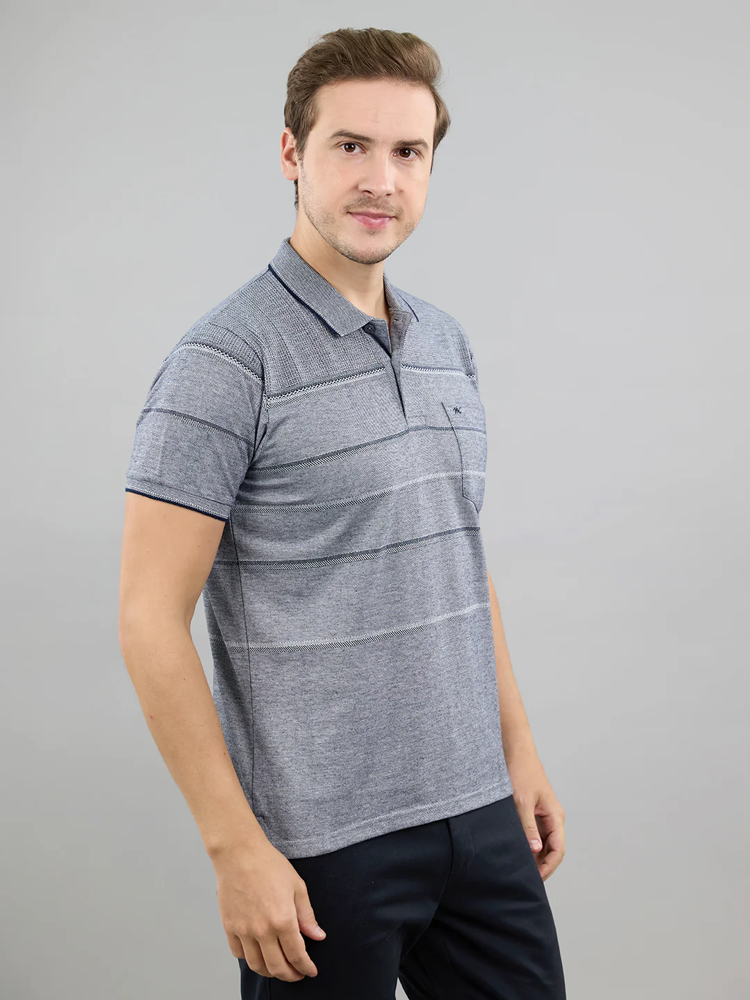 Men Navy Blue Stripe Polo Collar Half Sleeve T-Shirt - Image 3