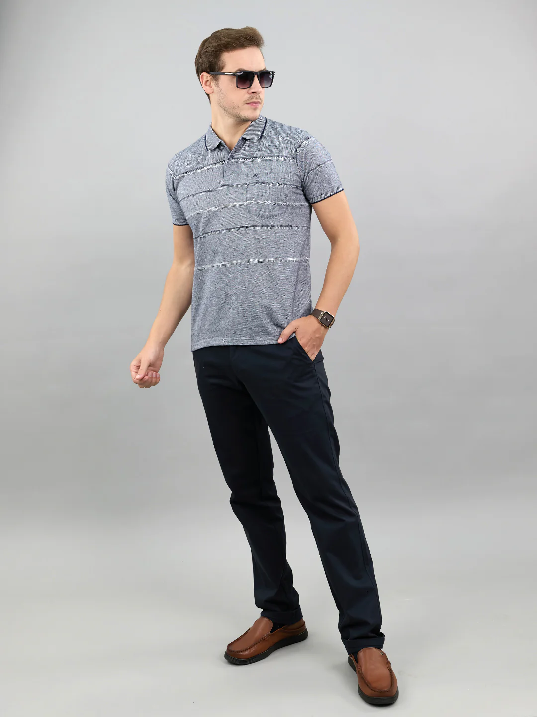 Men Navy Blue Stripe Polo Collar Half Sleeve T-Shirt - Image 7