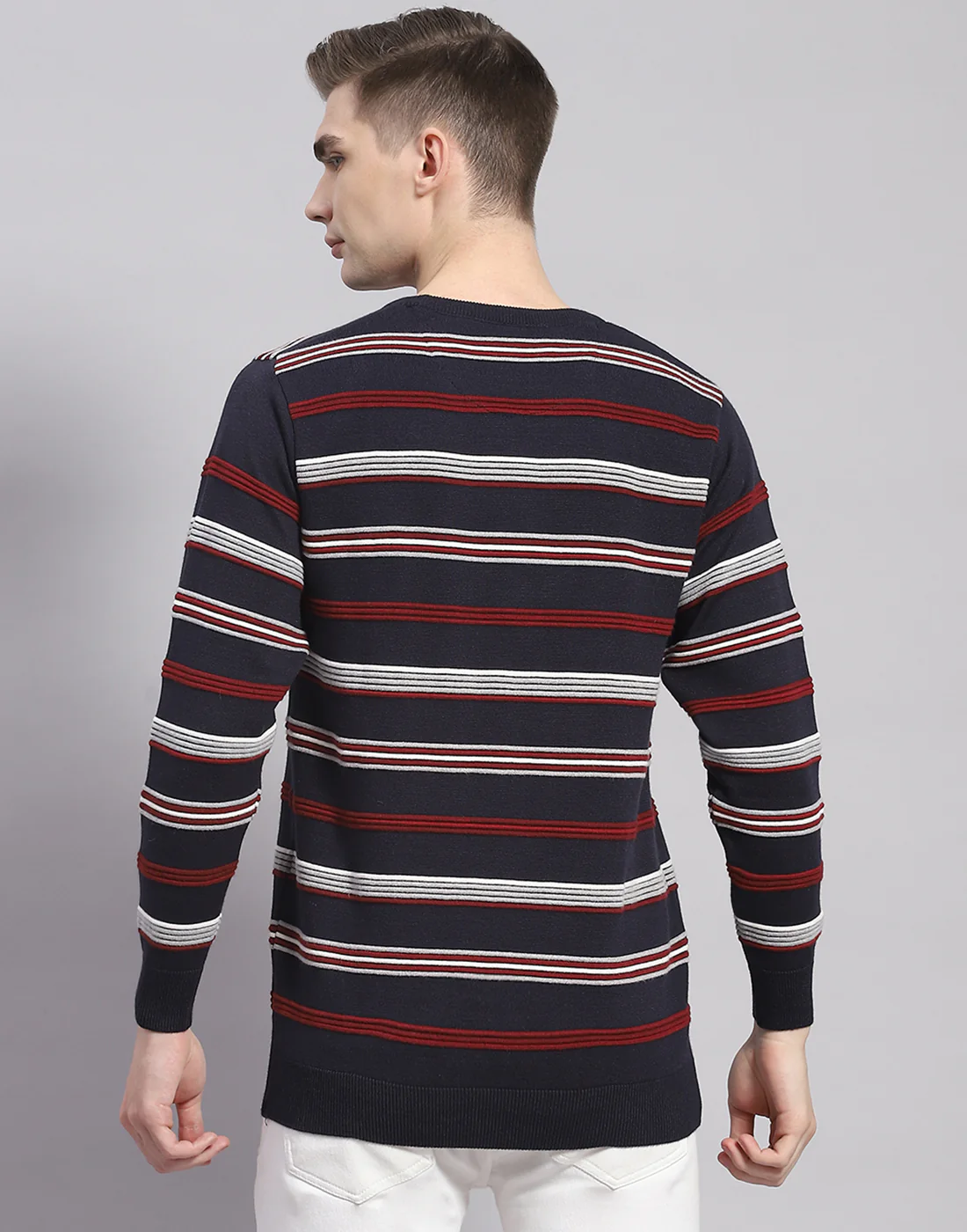 Men Navy Blue Stripe Round Neck Full Sleeve Pullover - Image 5
