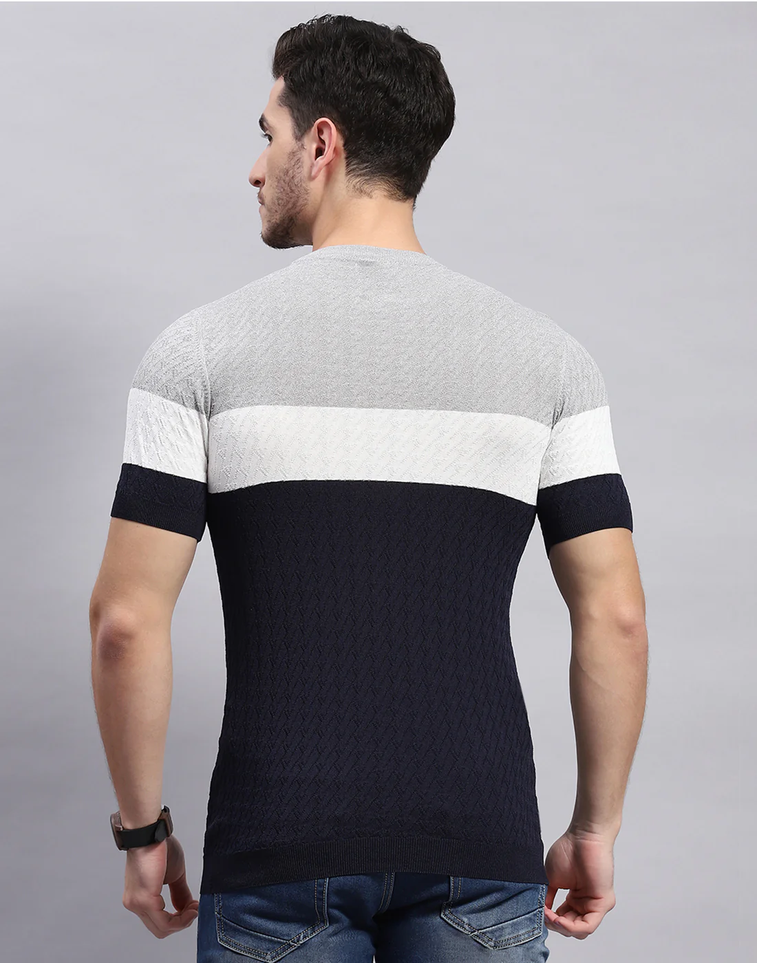 Men Navy Blue Stripe Round Neck Half Sleeve T-Shirt - Image 5