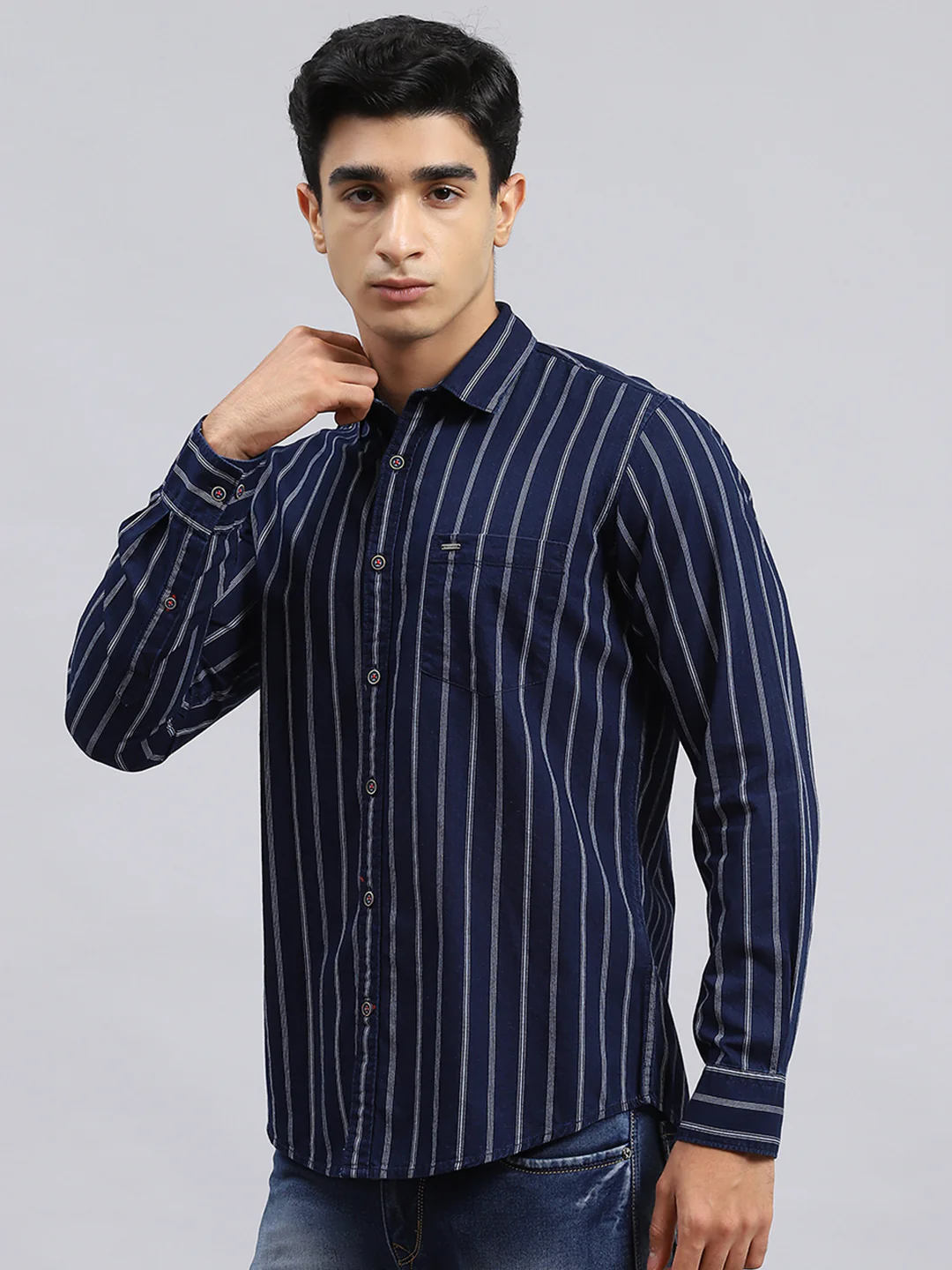 Men Navy Blue Stripe Shirt - Image 4