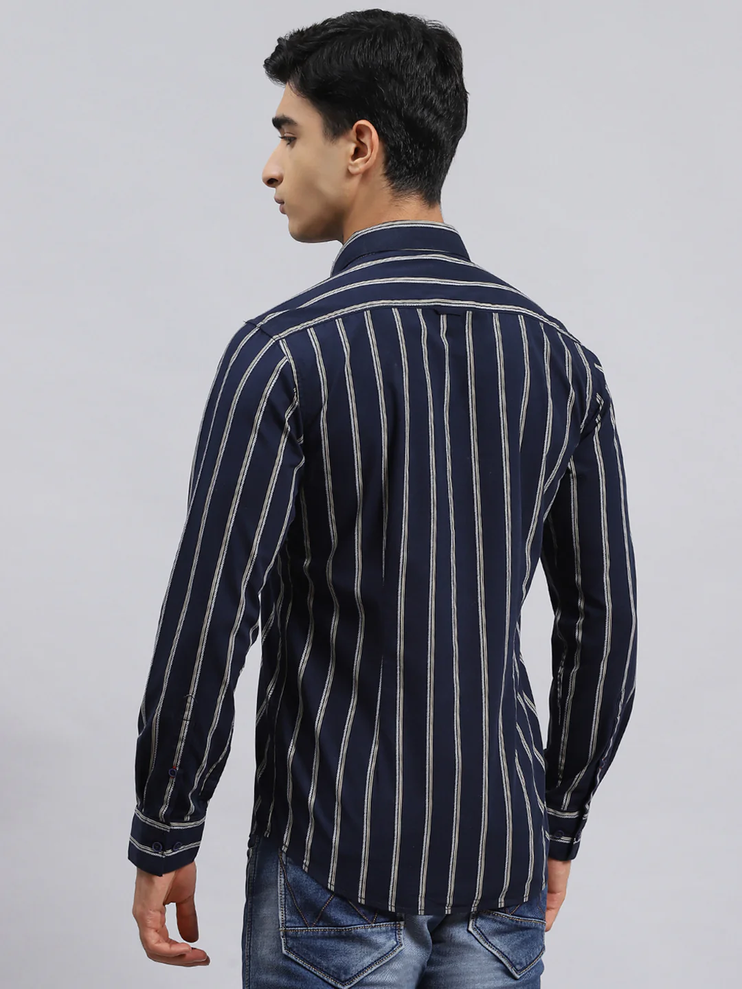 Men Navy Blue Stripe Shirt - Image 5