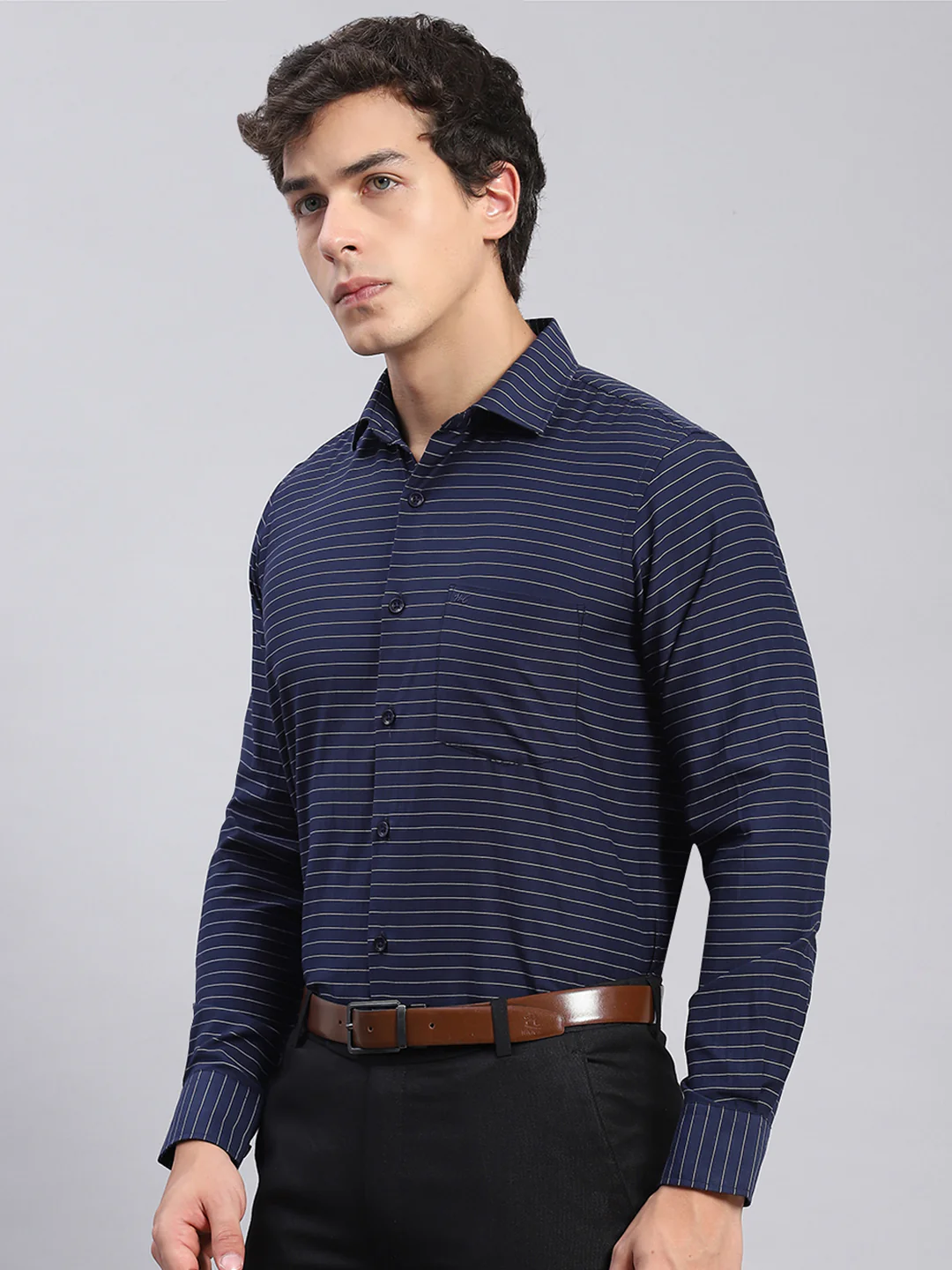 Men Navy Blue Stripe Spread Collar Full Sleeve Shirts - Image 3