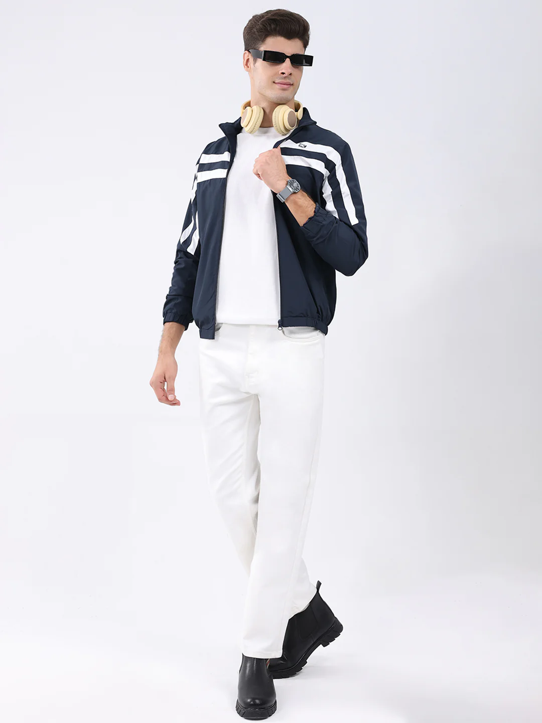Men Navy Blue Stripe Stand Collar Full Sleeve Jacket - Image 2