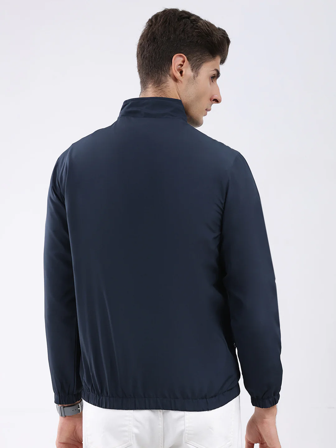 Men Navy Blue Stripe Stand Collar Full Sleeve Jacket - Image 5