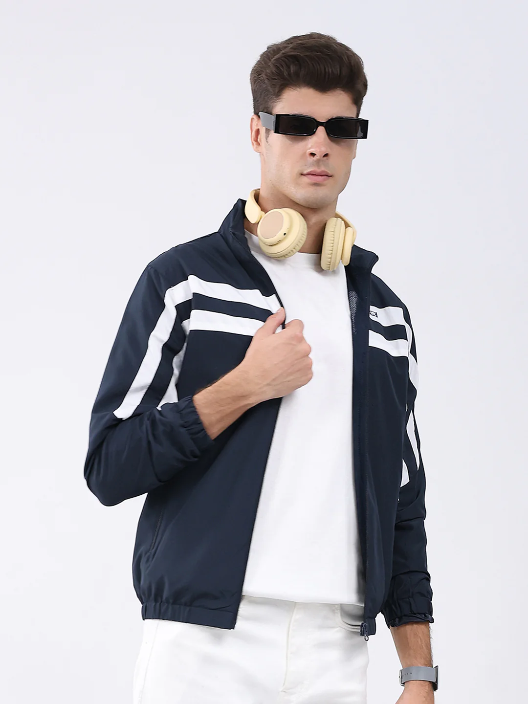 Men Navy Blue Stripe Stand Collar Full Sleeve Jacket - Image 6