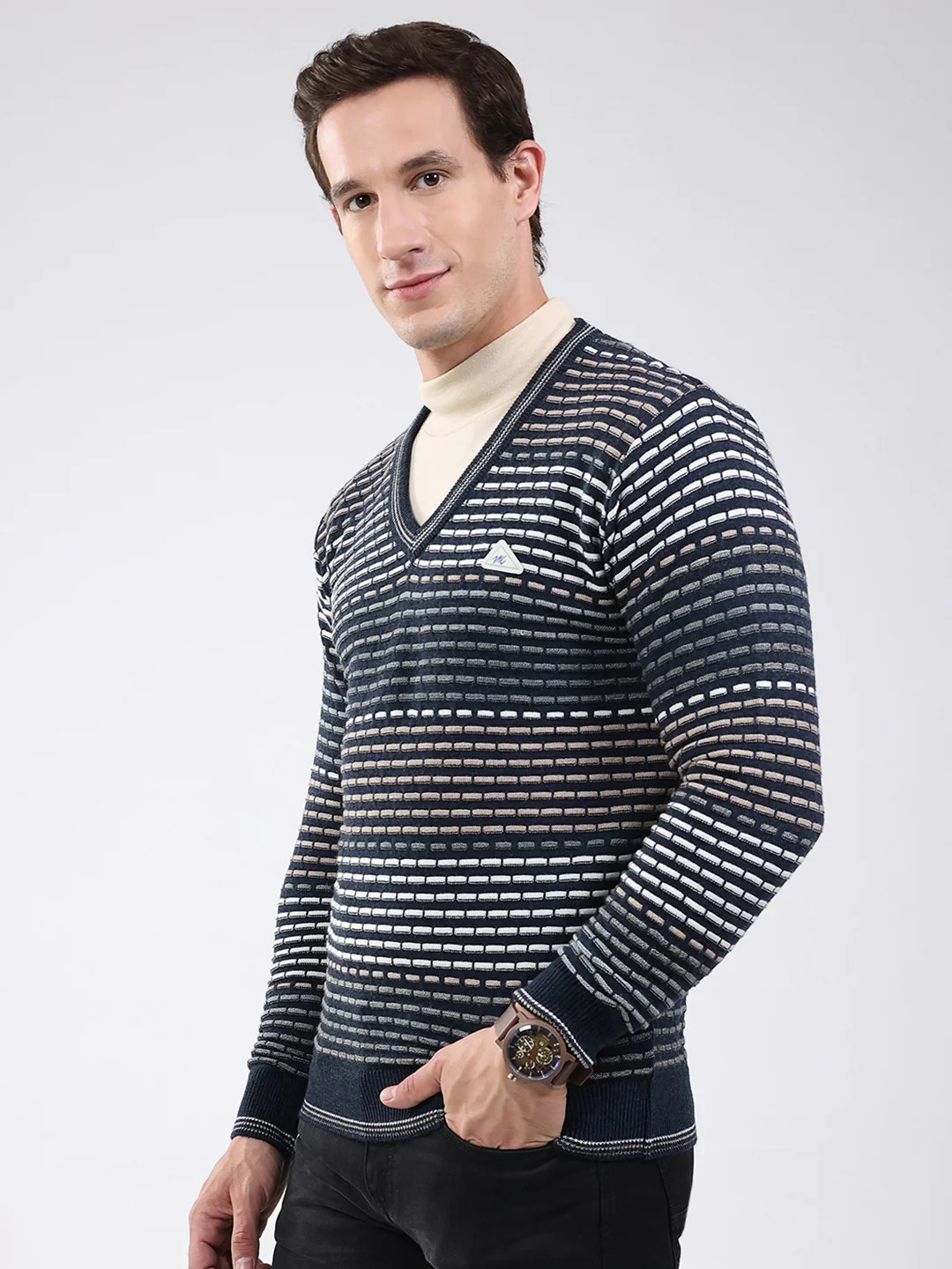 Men Navy Blue Stripe V Neck Full Sleeve Pullover - Image 3