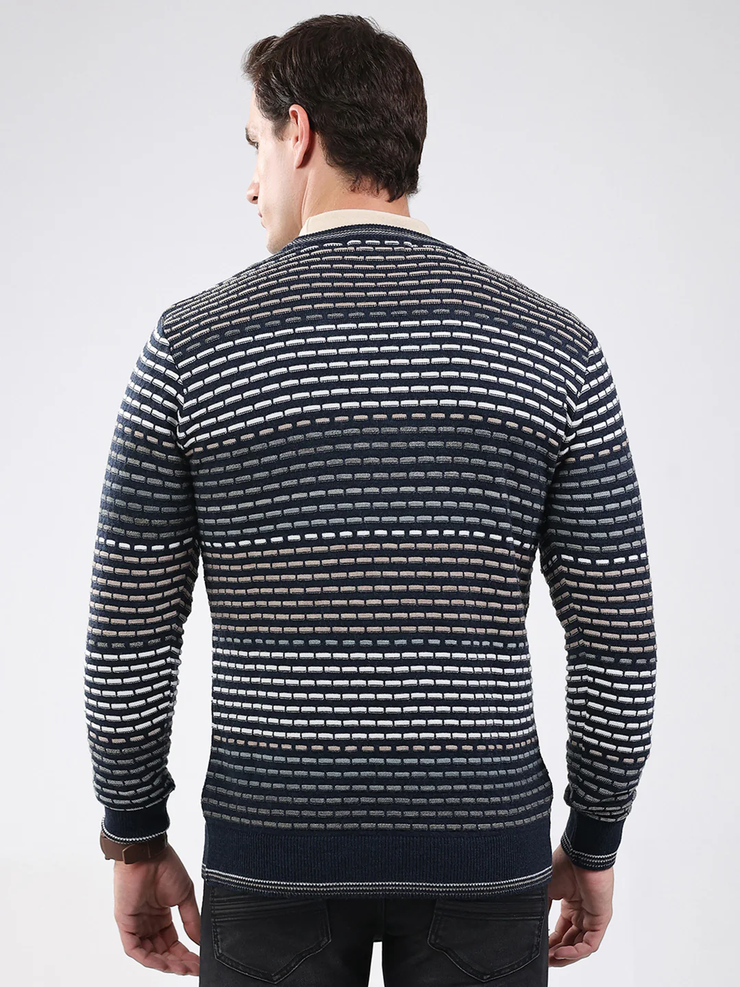 Men Navy Blue Stripe V Neck Full Sleeve Pullover - Image 5