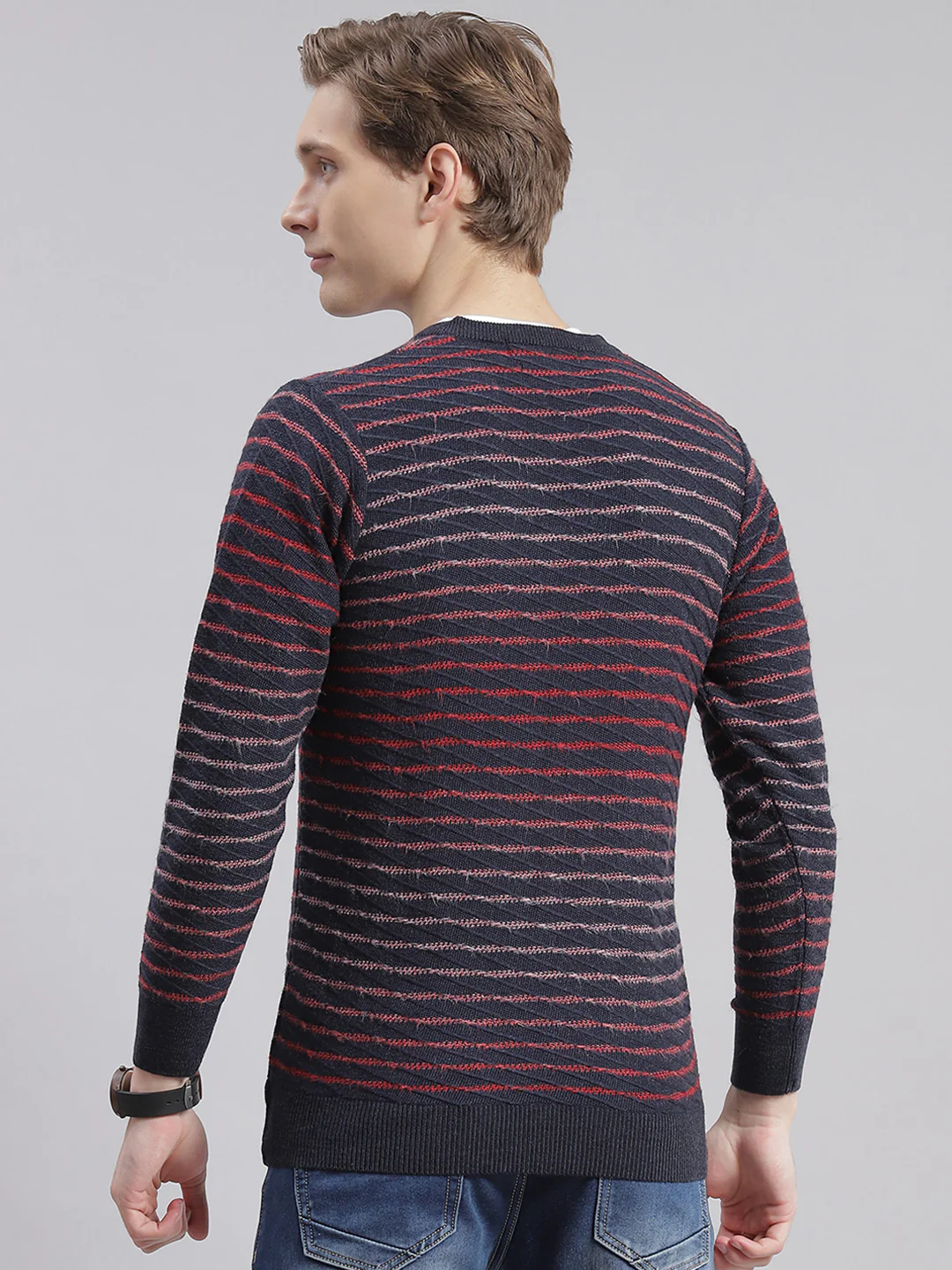 Men Navy Blue Stripe V Neck Full Sleeve Sweaters/Pullovers - Image 4
