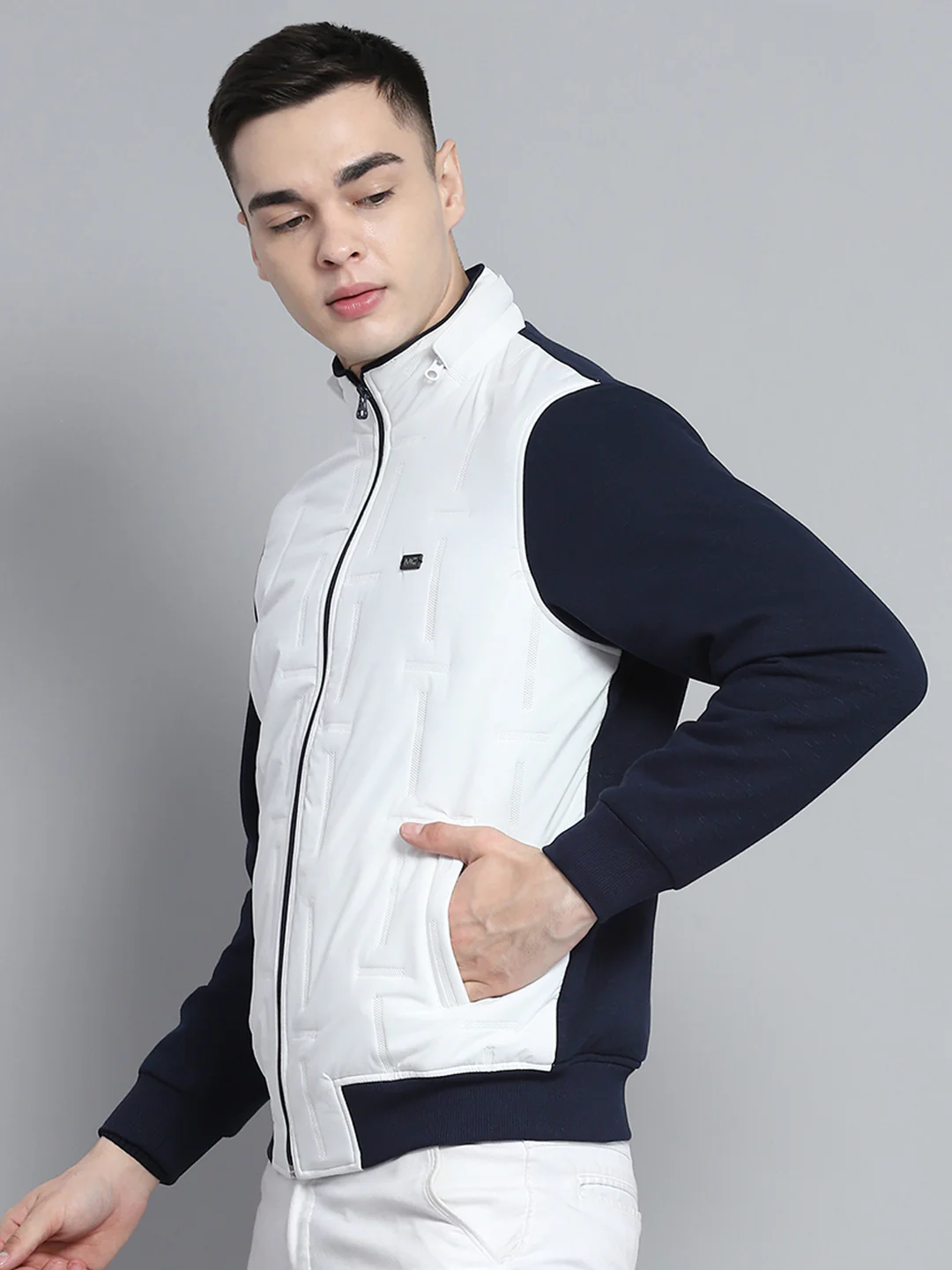 Men Navy Blue & White Solid Detachable Hood Full Sleeve Sweatshirt - Image 3