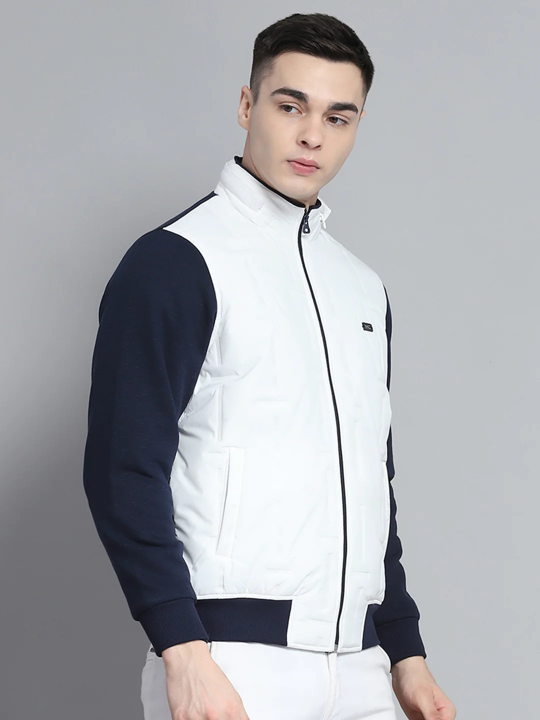 Men Navy Blue & White Solid Detachable Hood Full Sleeve Sweatshirt - Image 4