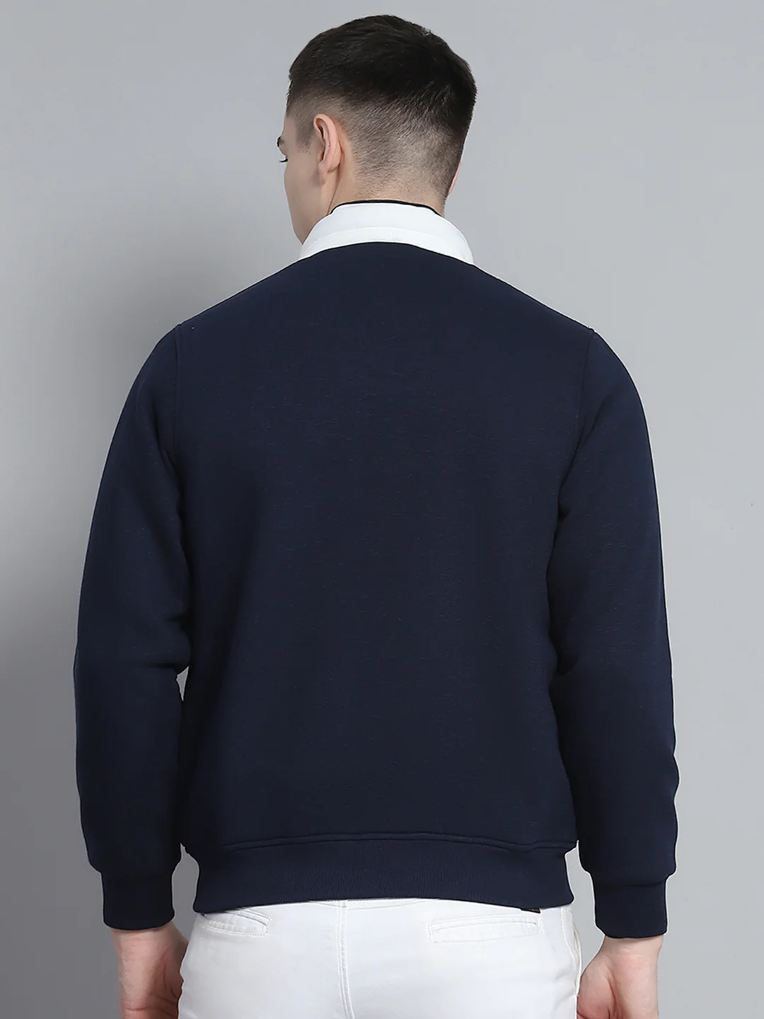 Men Navy Blue & White Solid Detachable Hood Full Sleeve Sweatshirt - Image 5