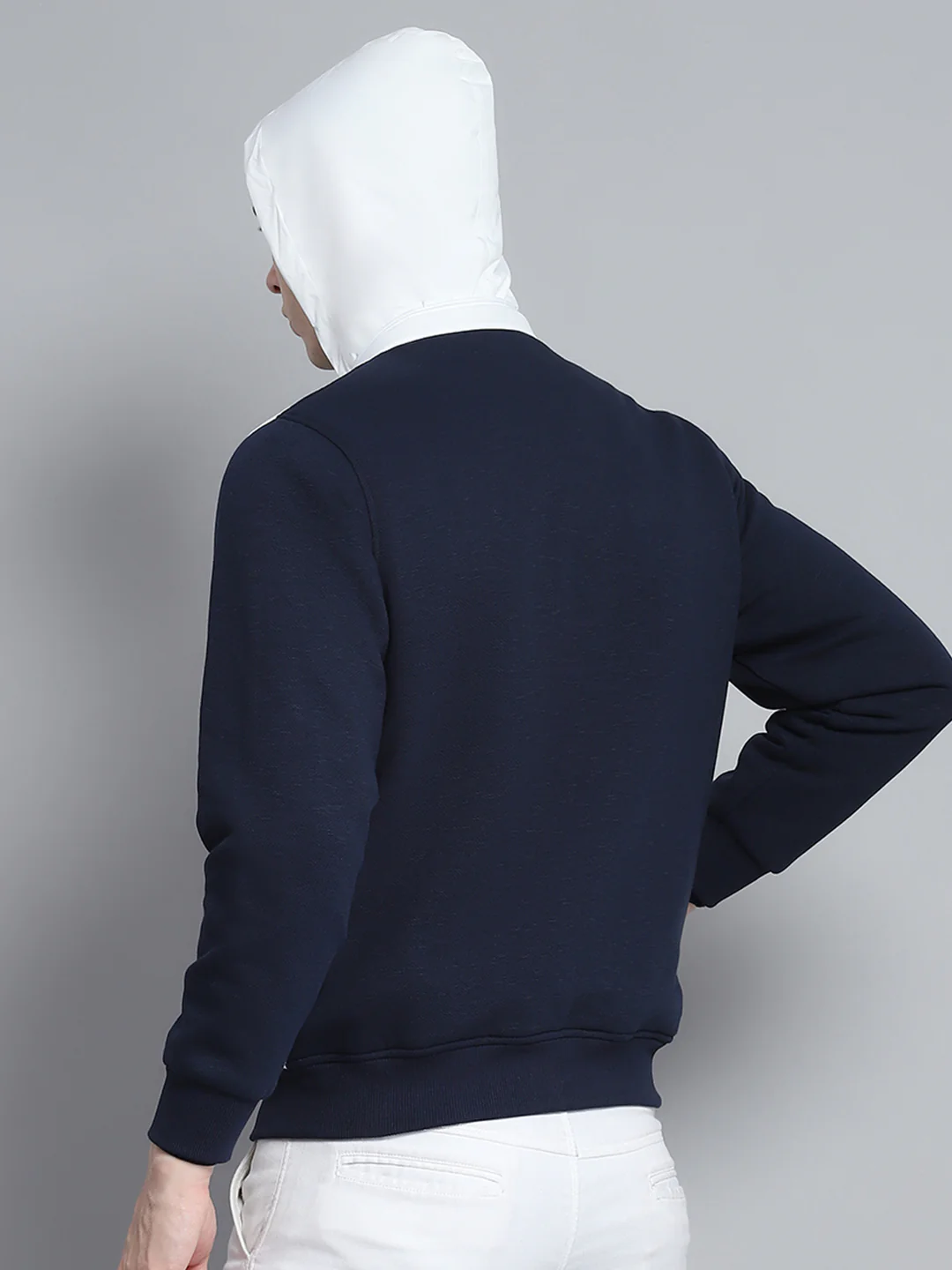 Men Navy Blue & White Solid Detachable Hood Full Sleeve Sweatshirt - Image 7