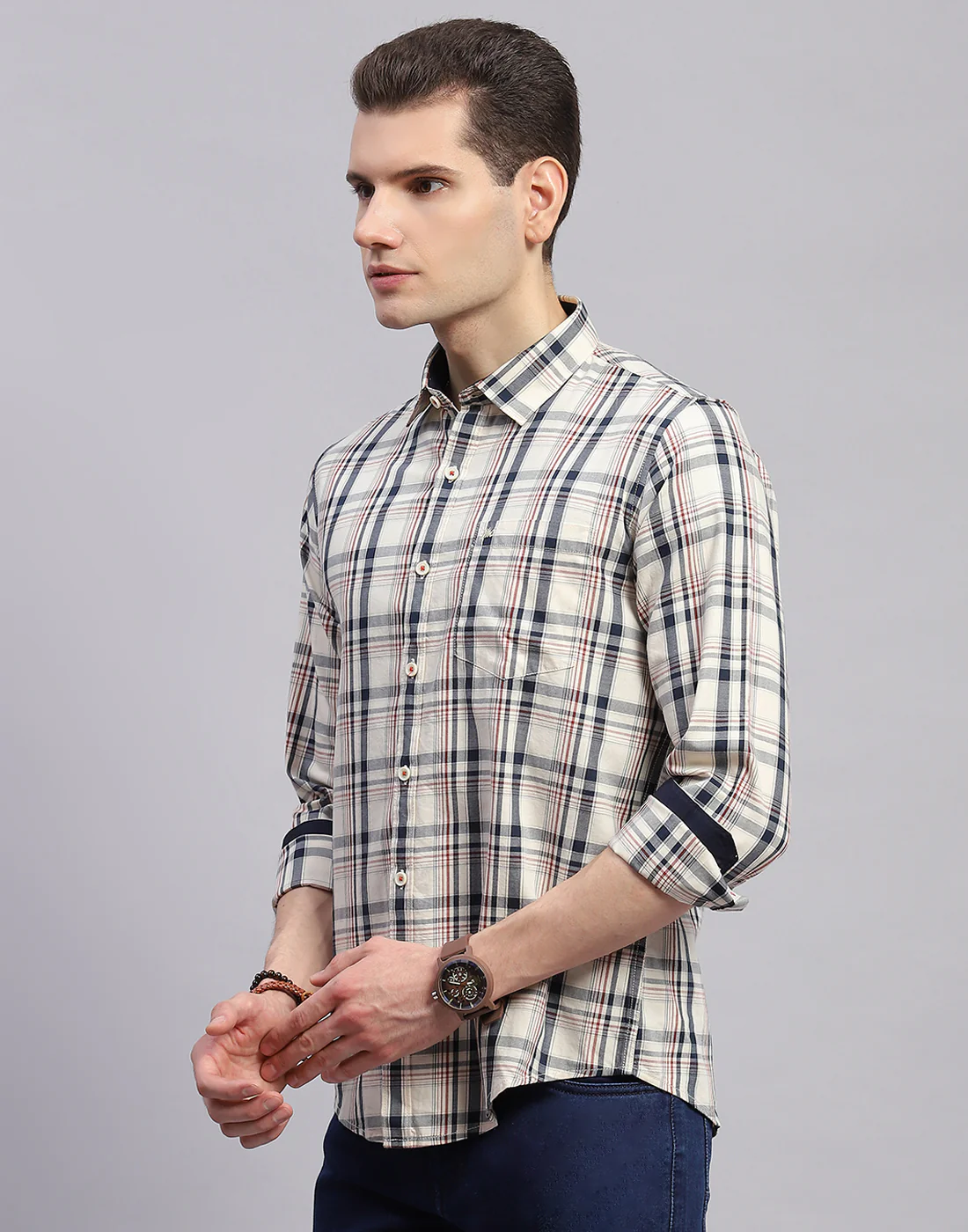 Men Off White Check Collar Full Sleeve Shirt - Image 3