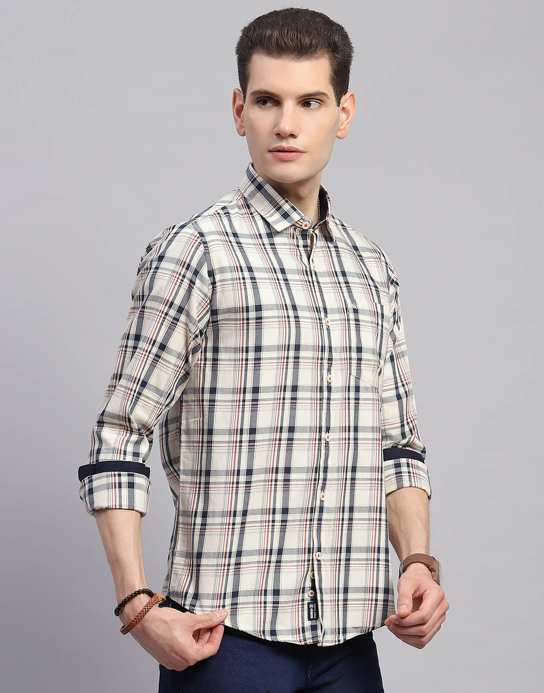 Men Off White Check Collar Full Sleeve Shirt - Image 4