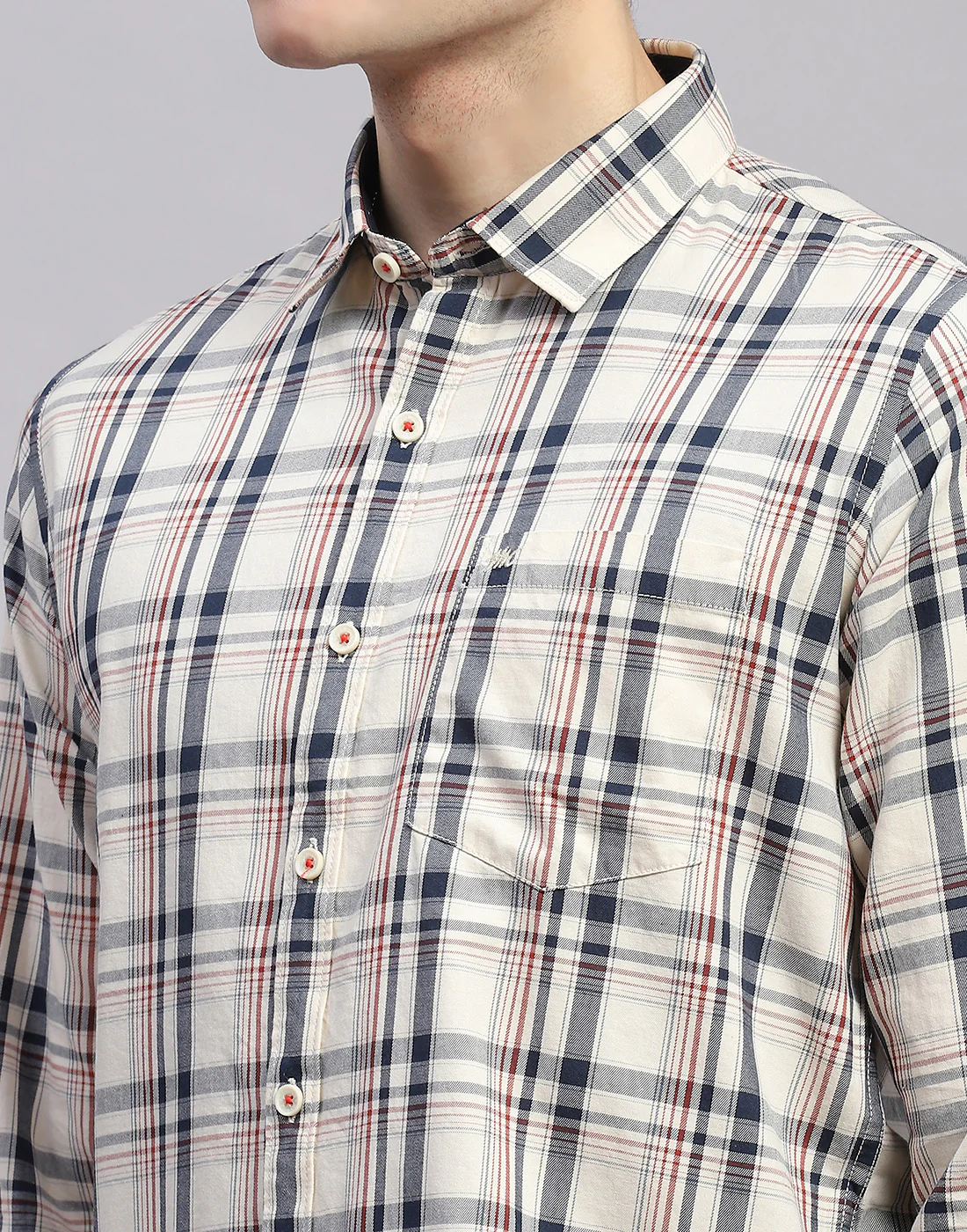 Men Off White Check Collar Full Sleeve Shirt - Image 6